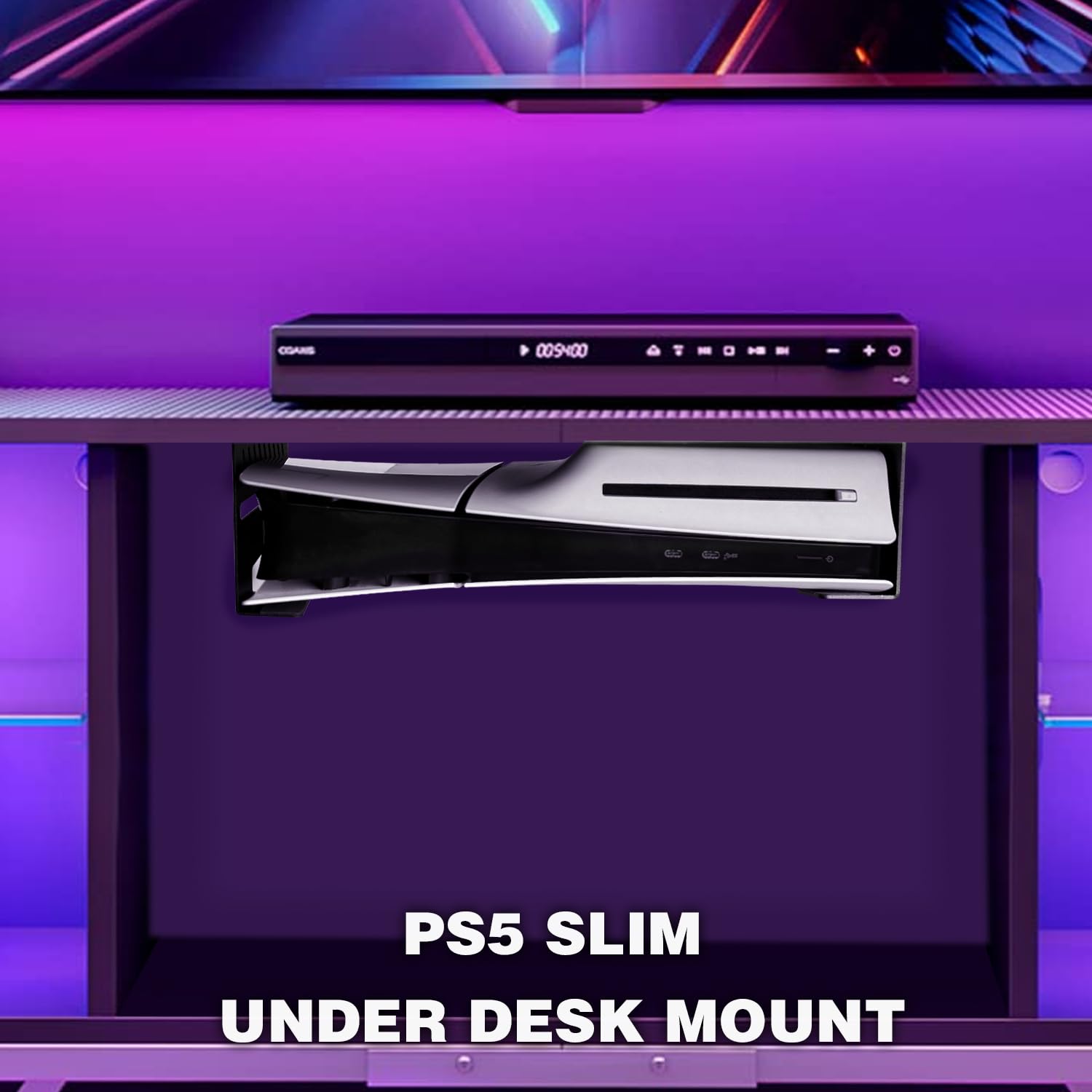 Premium Aluminum PS5 Slim/PS5 Under-Table Mount Bracket - No Drilling Required - Compatible with PlayStation 5 Disc & Digital Edition (Black) - Perfect for Gaming Setups & Small Spaces