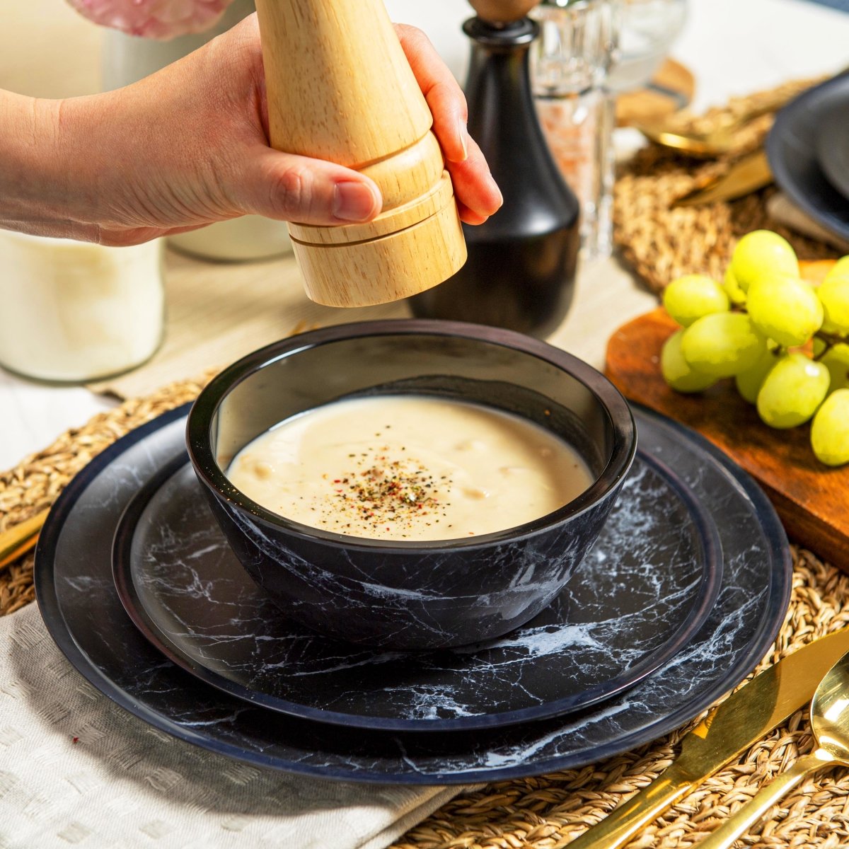 12-Piece Marble Melamine Plate and Bowl Set - Durable Black Dinnerware for Indoor & Outdoor Dining, Picnics, and Parties