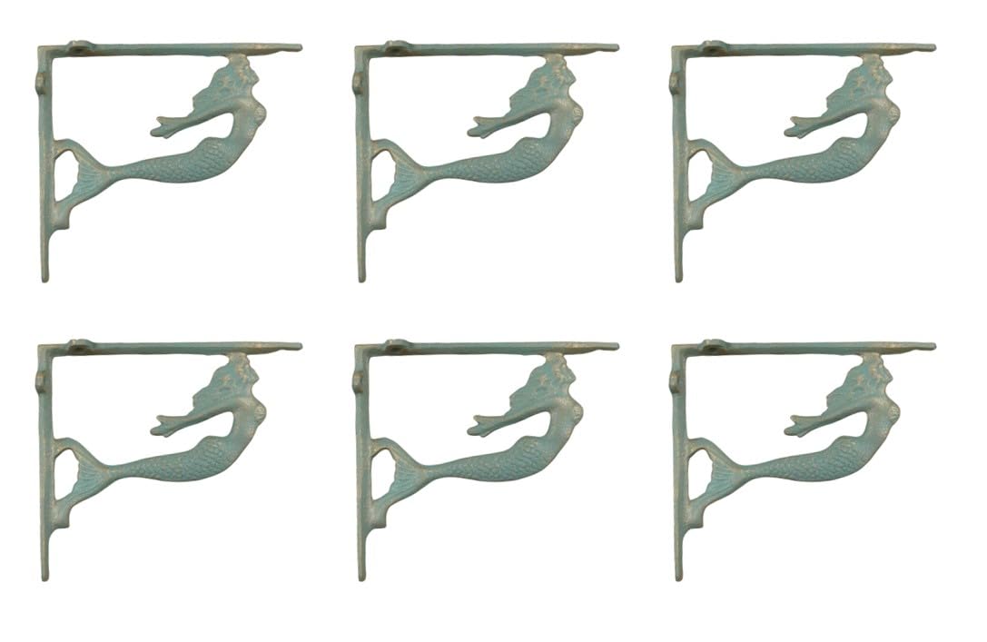 6 Pack Cast Iron Nautical Mermaid Shelf Brackets - Heavy Duty Decorative Wall Mounted Brackets for Shelves, Bookshelves & Garden Decor - Perfect for Beach House, Coastal Decor & Rustic Home Improvement Projects