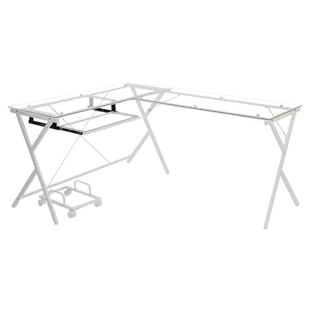 Acme Demas L-Shaped Glass Computer Desk with Holder - Clear & White Modern Office Desk for Home & Workspace | Perfect for Small Spaces, Gaming Setup & Remote Work