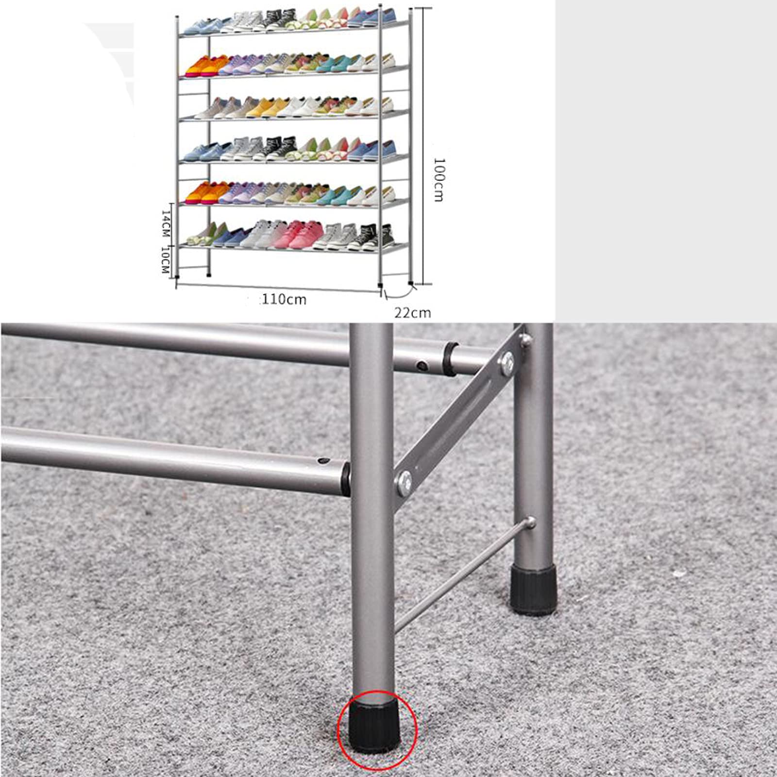 JHSLXD Adjustable 6-Tier Shoe Rack for Hallway, Dorm Room & Entryway - Metal Shoe Storage Shelf (60-110cm Height) - Perfect for Organizing Sneakers, Boots & Sandals in Small Spaces