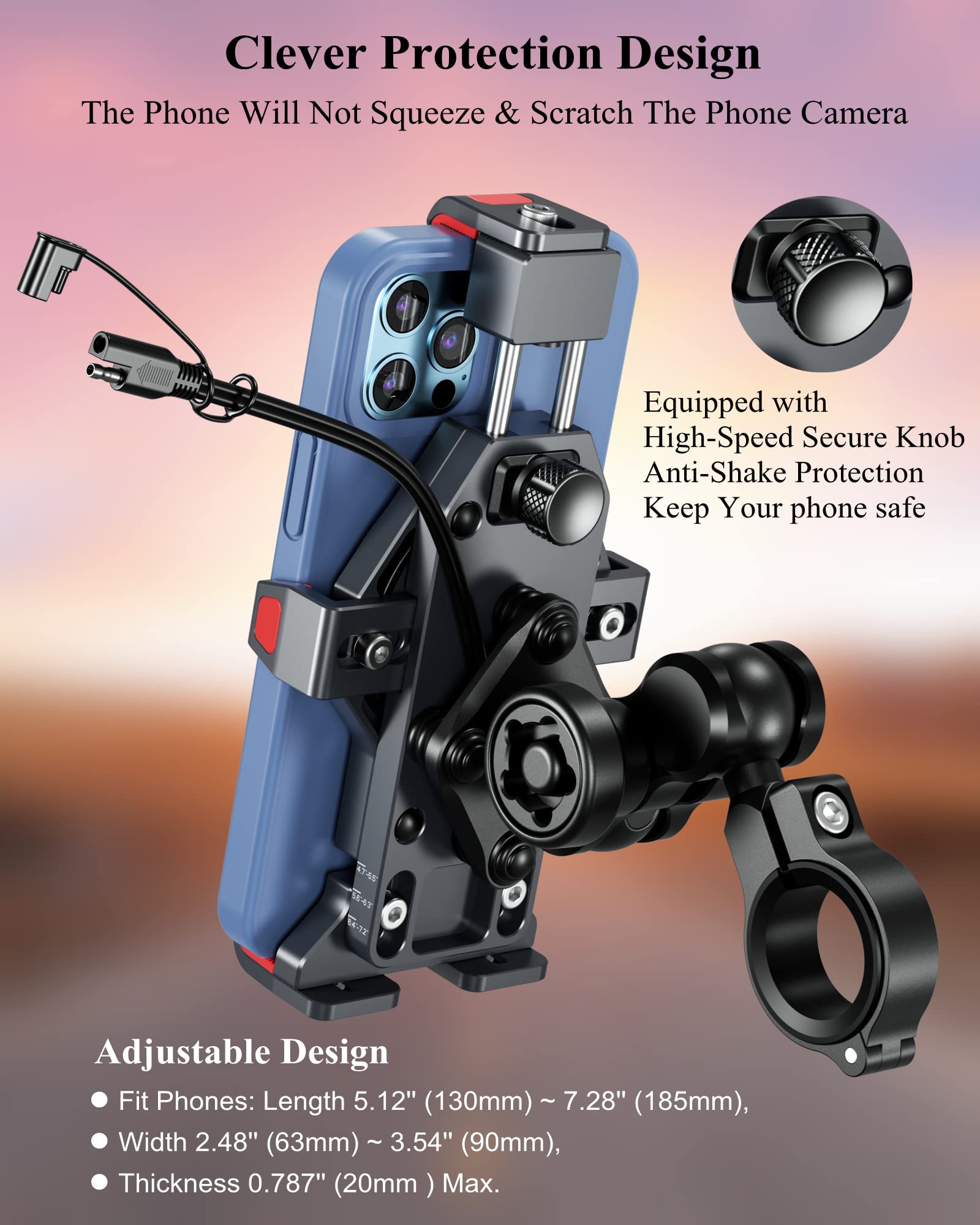 BRCOVAN Motorcycle Phone Mount with 15W Qi Wireless Charger & Vibration Dampener - Anti-Theft, Anti-Shake Adjustable Handlebar Holder for 4.7