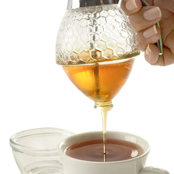 Premium Honey Dispenser with Drip-Free Spout - Perfect for Tea, Coffee, Baking & Breakfast - BPA-Free Glass Bottle with Wooden Stand
