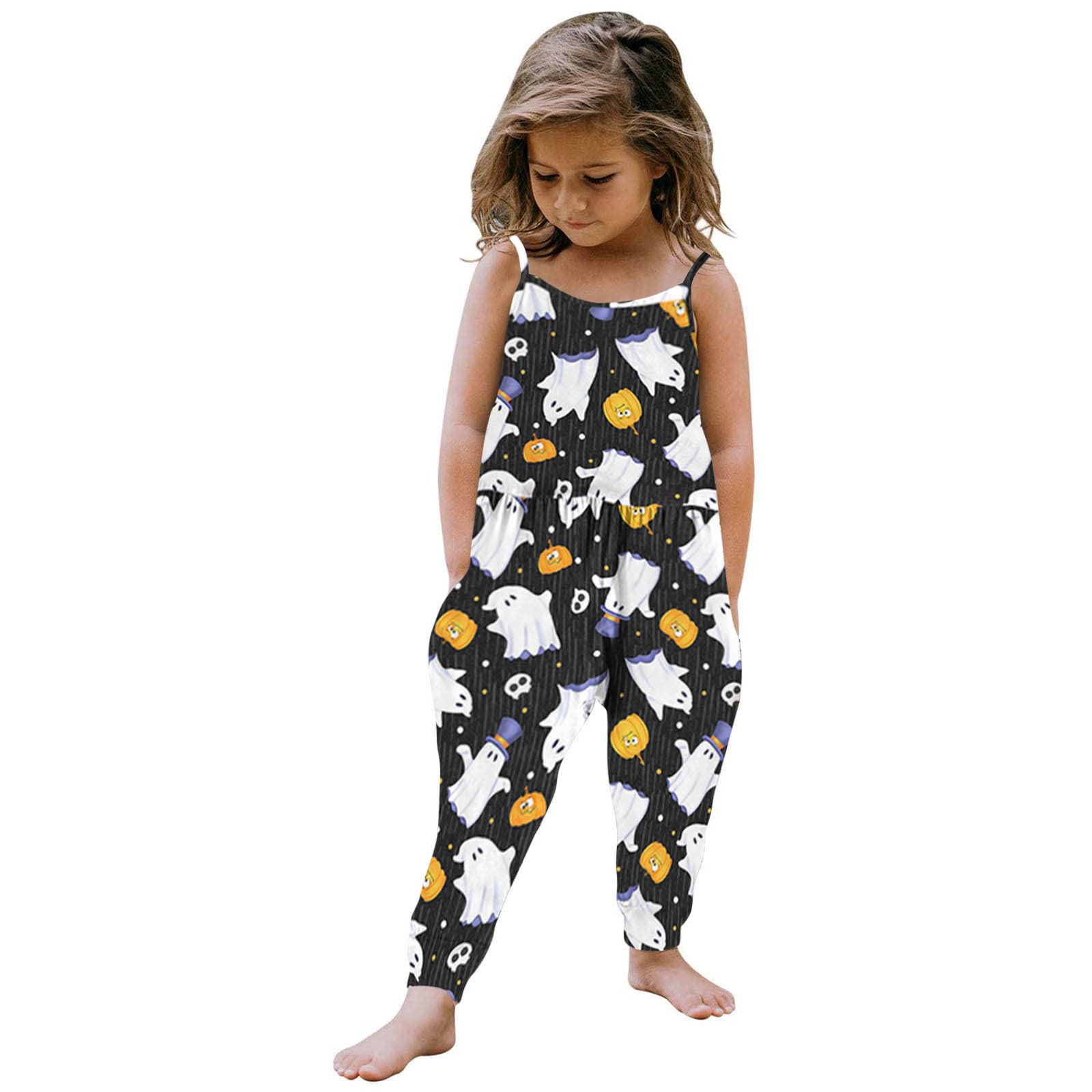 Baby Girls Halloween Pumpkin Print Romper Outfits | Toddler Girls Jumpsuit with Skeleton Strap | Funny Halloween Costume for Teen Girls | Perfect for Trick-or-Treating & Halloween Parties