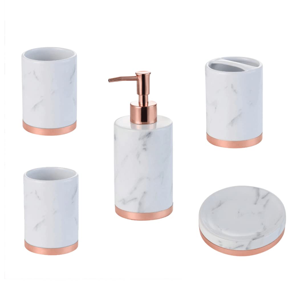 FSSOI 5-Piece Ceramic Bathroom Accessory Set - Soap Dispenser, Toothbrush Holder, Soap Dish & Tumblers | Elegant White Bathroom Decor | Perfect for Home, Kitchen & Luxury Bathroom Organization