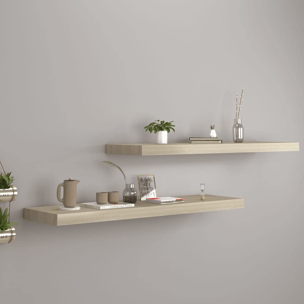 Floating Wall Shelves Set of 2 - Modern Oak MDF Wall Mounted Display Shelves (35.4