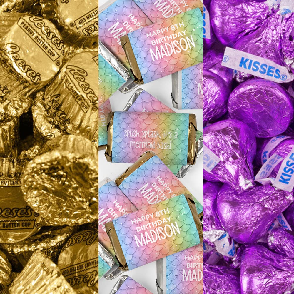 200pcs Custom Mermaid Birthday Party Favors - Personalized Chocolate Candy Kit with Miniatures, Kisses & Peanut Butter Cups - Bulk Candy Buffet Supplies for Kids Birthday, Baby Shower & Themed Events (Purple)