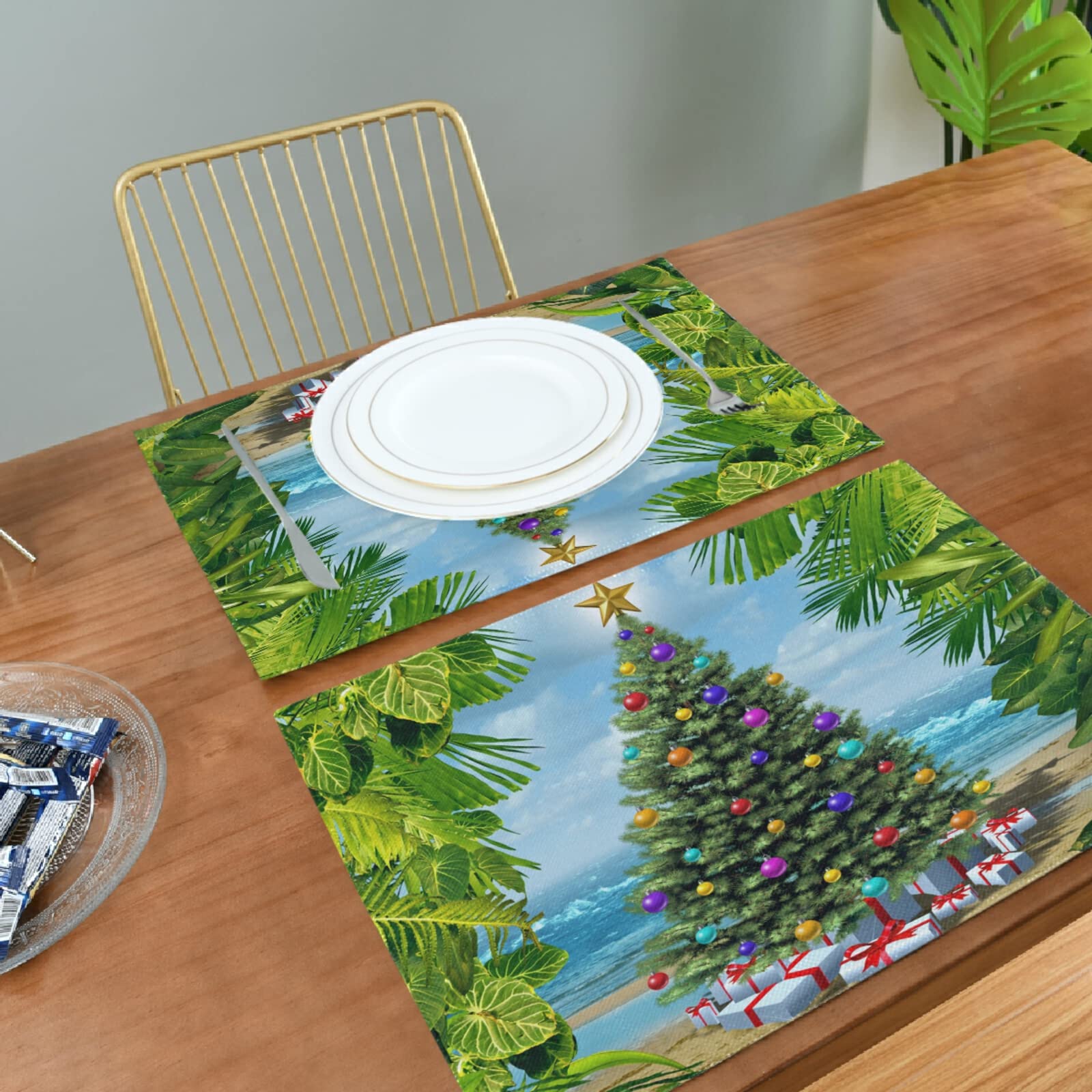WIHVE 6-Pack Polyester Placemats - Tropical Palm Leaf & Christmas Tree Design Waterproof Table Mats for Dining, Kitchen, Beach Party, Holiday Decor, Indoor and Outdoor Use