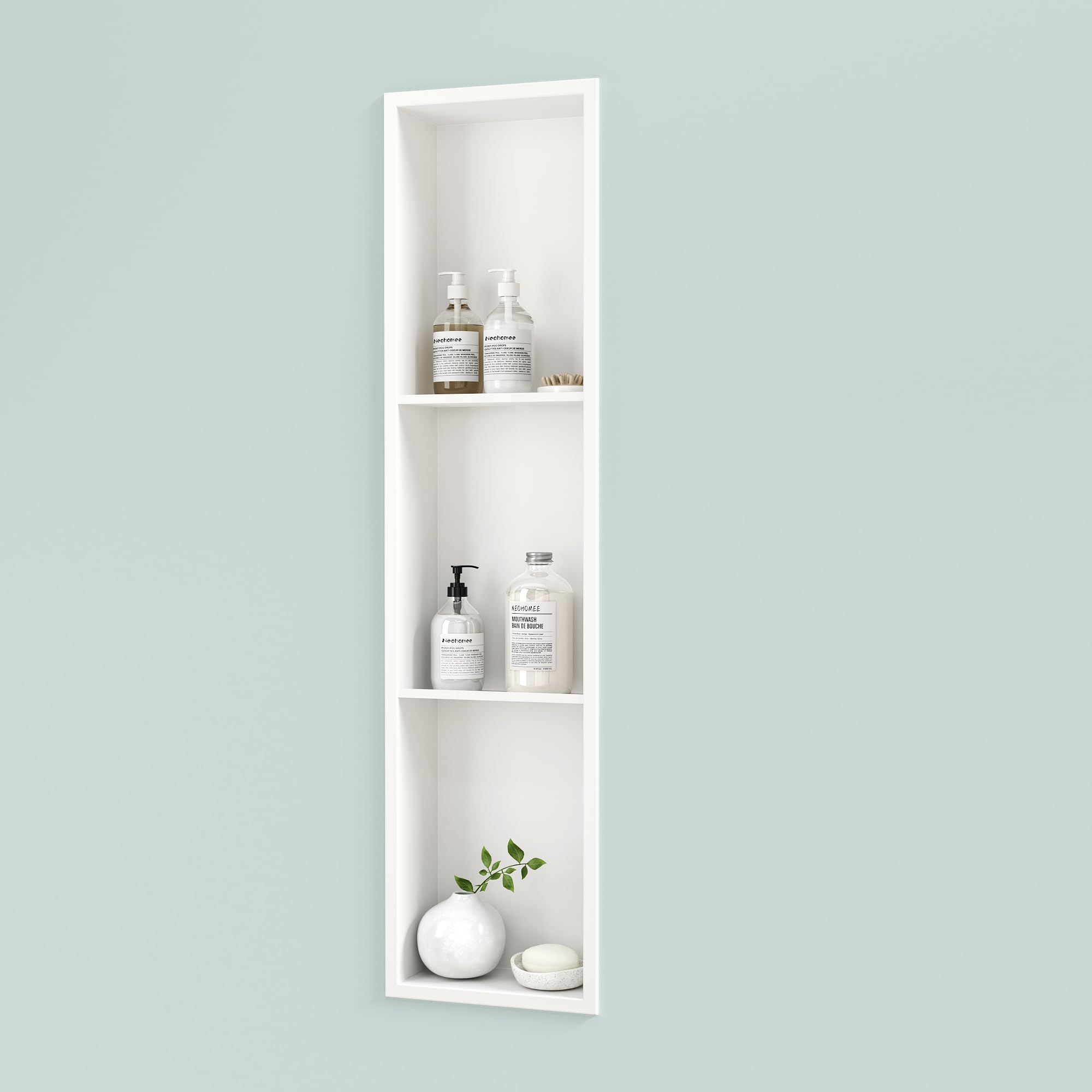 Neodrain 8X36 Inch White 3-Tier Stainless Steel Shower Niche - No Tile Required Recessed Bathroom Storage Shelf | Built-in Wall Organizer for Shampoo, Soap & Bath Essentials | Perfect for Modern Bathrooms & Spa Showers