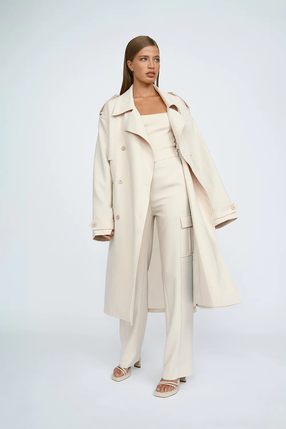 Blair Belted Trench Coat for Women - Classic Sand Color Long Coat with Belt - Perfect for Office, Fall Fashion & Rainy Days