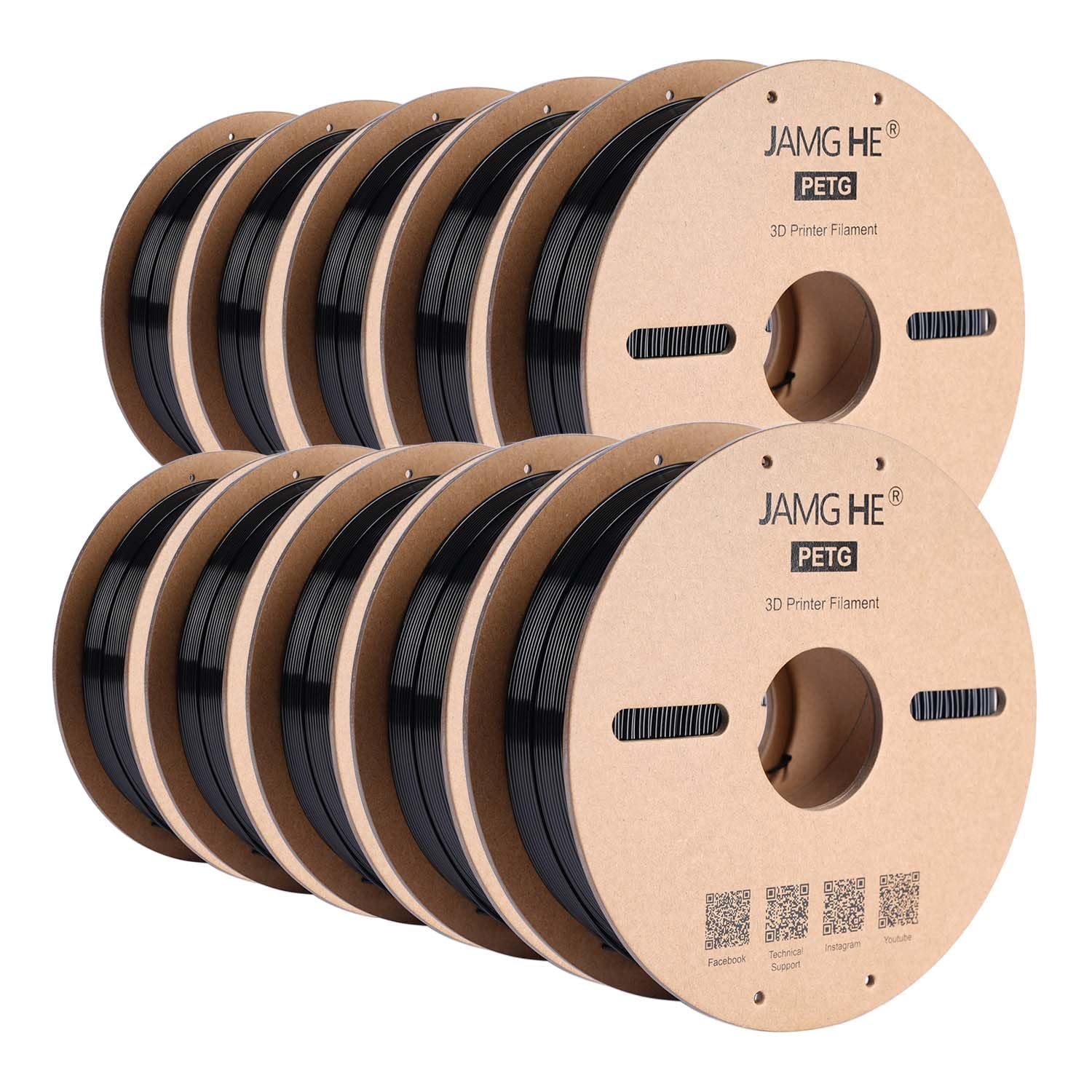 Premium PETG Filament 1.75mm 1KG Spool for 3D Printers - High Precision +/-0.02mm, 10-Pack Black - Ideal for Functional Prototypes, Cosplay Props & DIY Projects