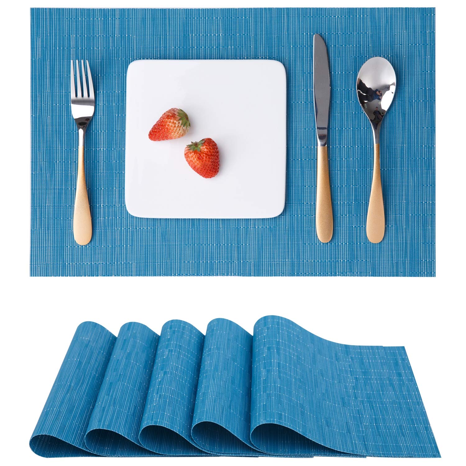 Myir JUN Set of 6 Non-Slip Heatproof Woven Placemats - Washable PVC Table Mats for Dining Room, Kitchen & Office (Blue) | Perfect for Everyday Meals, Dinner Parties & Home Decor