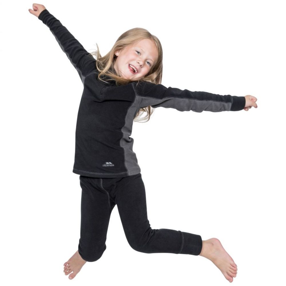 Trespass Bubbles Kids Microfleece Thermal Base Layer Set - Warm Winter Underwear for Boys & Girls (Black) - Perfect for Skiing, Snowboarding & Cold Weather Outdoor Activities