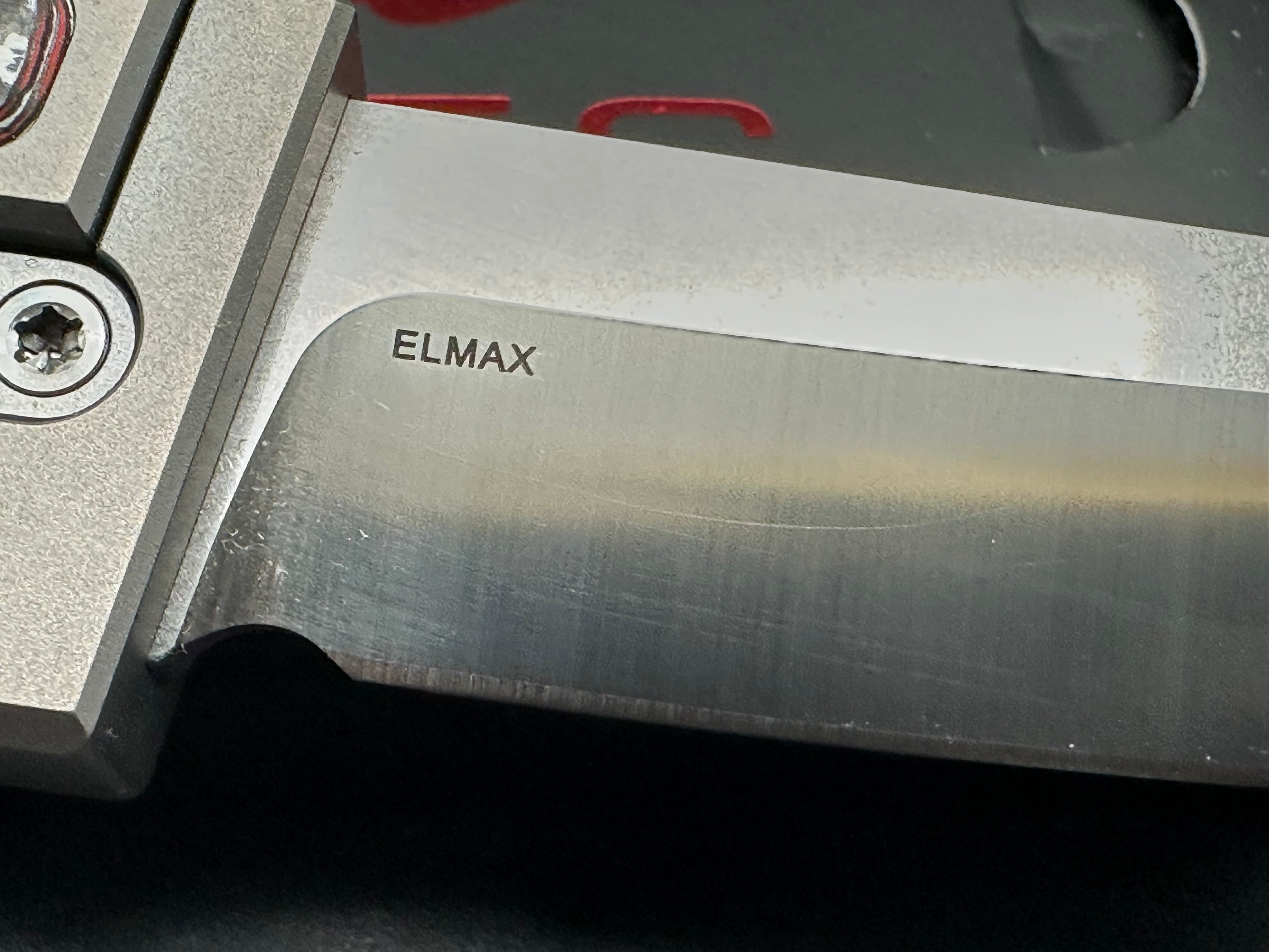 Reate EXO-M Folding Knife - Grey Titanium Frame with Red Marble Fat Carbon Inlays, Tanto Elmax Blade - EDC Pocket Knife for Outdoor, Camping & Everyday Carry