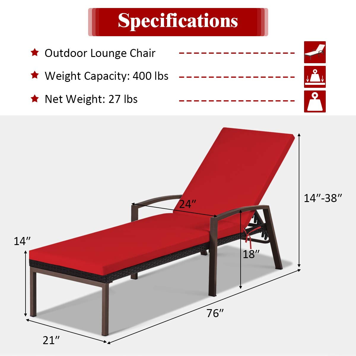 2PCS Patio Chaise Lounge Chairs with Cushions - Adjustable Rattan Sun Lounger for Outdoor Relaxation - Comfortable Wicker Recliner with Armrest for Poolside, Garden, Lawn or Balcony (Red) - Perfect for Sunbathing, Reading and Lounging in Your Backyard