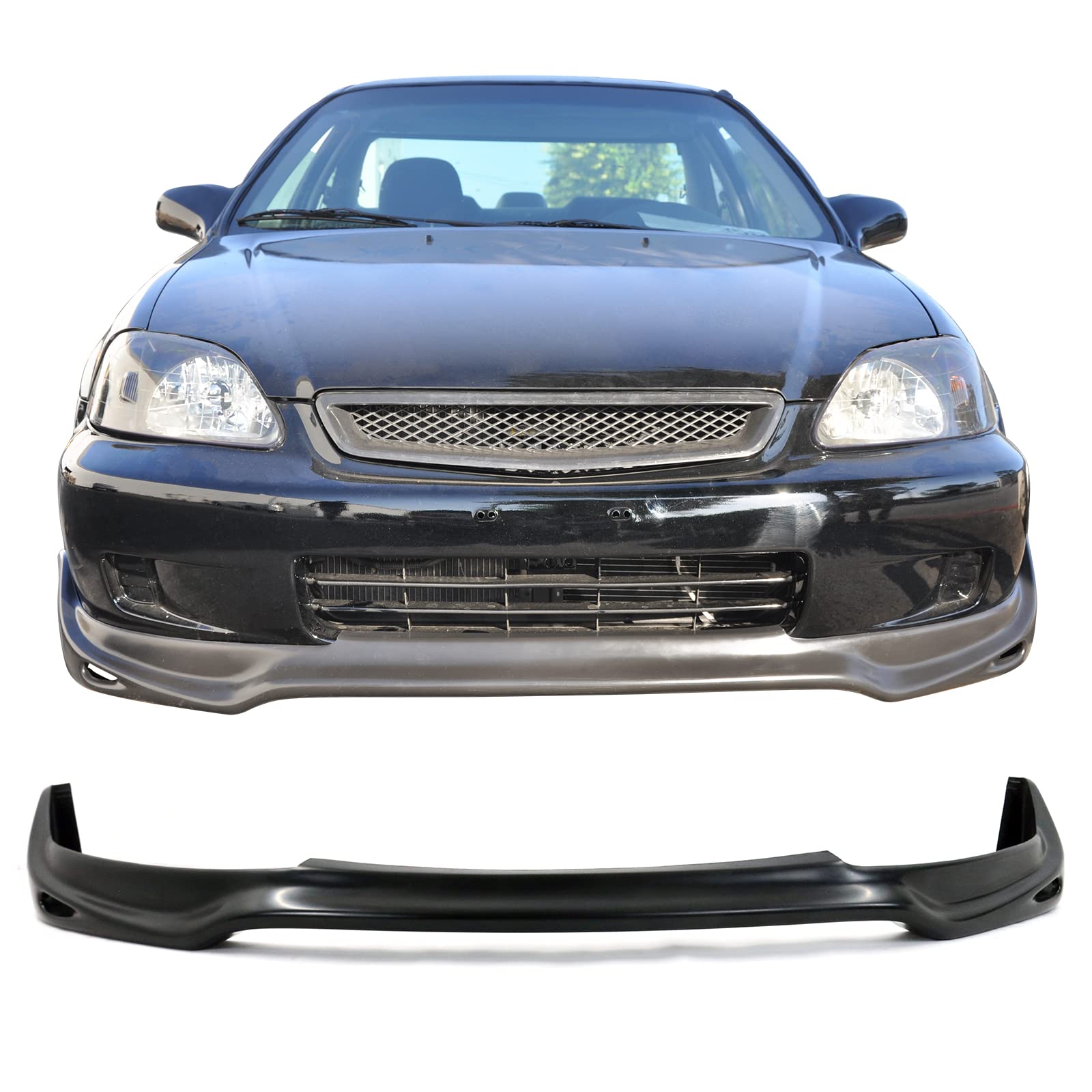 IKON MOTORSPORTS Front Bumper Lip Spoiler Splitter - PU Black Jun Style for 1999-2000 Honda Civic | Enhances Aerodynamics & Sporty Look | Perfect for Street Racing & Car Shows