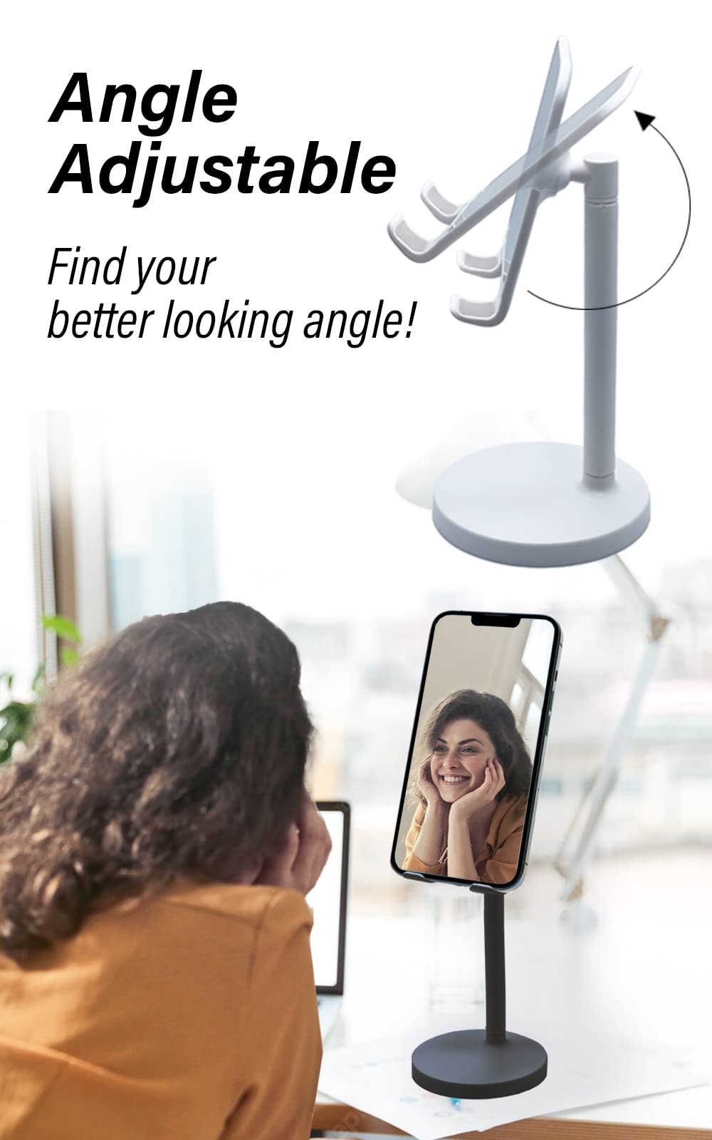 Adjustable Phone Stand with Mirror for Desk & Travel - Black | Hands-Free for Office, Kitchen, iPad