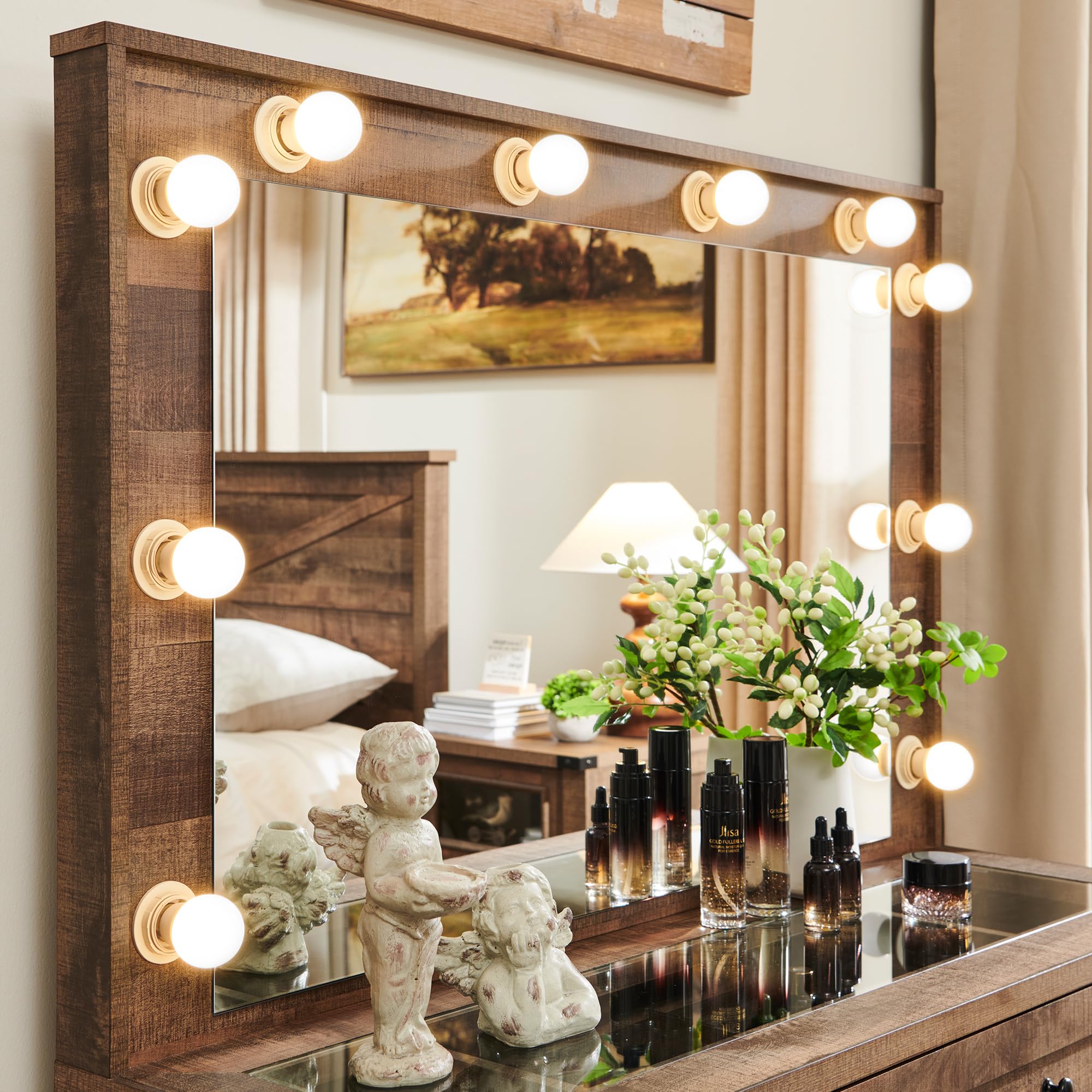 Farmhouse Makeup Vanity Desk with Mirror and Lights - 43
