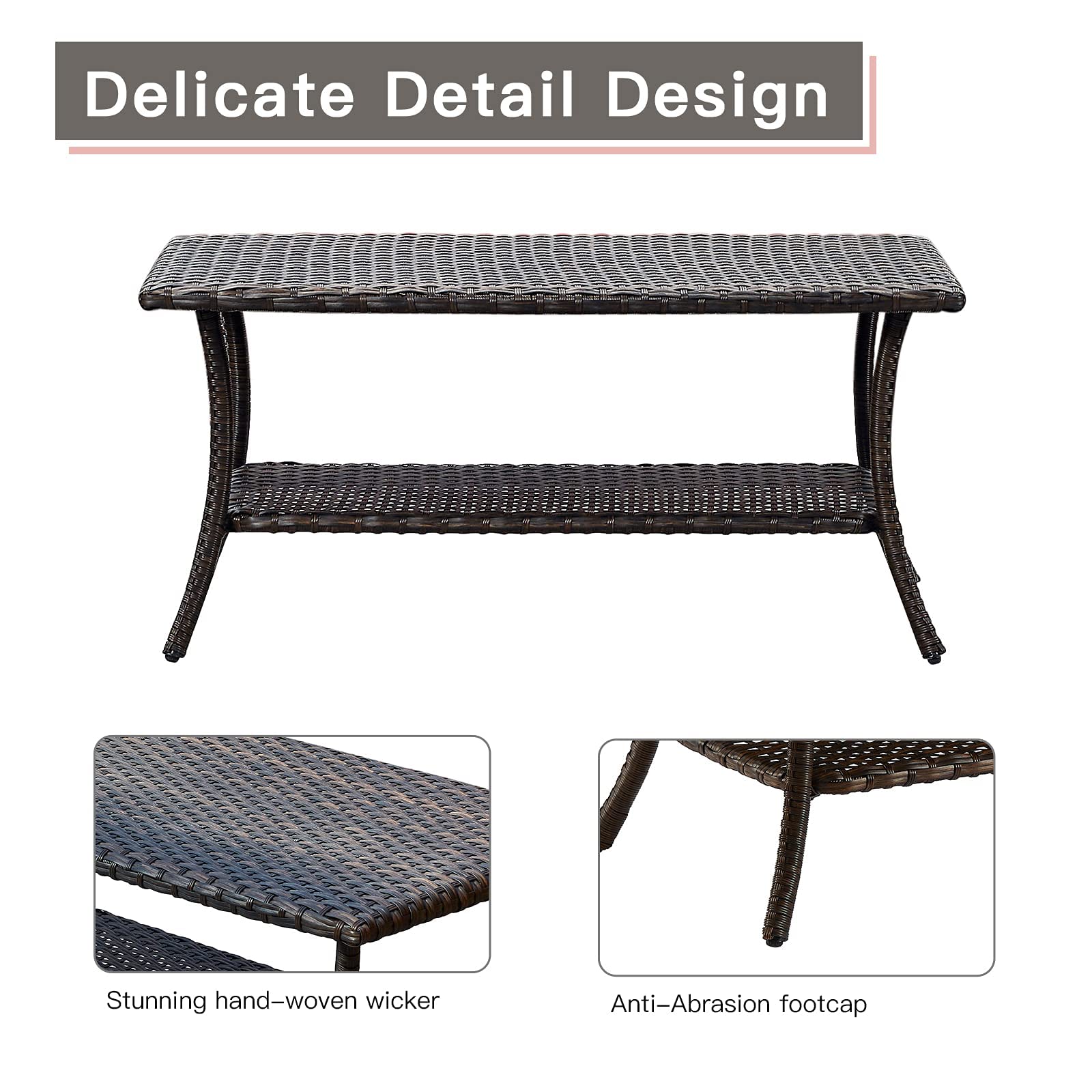 2-Tier Rattan Wicker Coffee Table with Storage Shelf - 42 x 19.5 x 23.5 Inches Brown Rectangular Patio Side Table - Perfect for Living Room, Balcony, and Outdoor Spaces