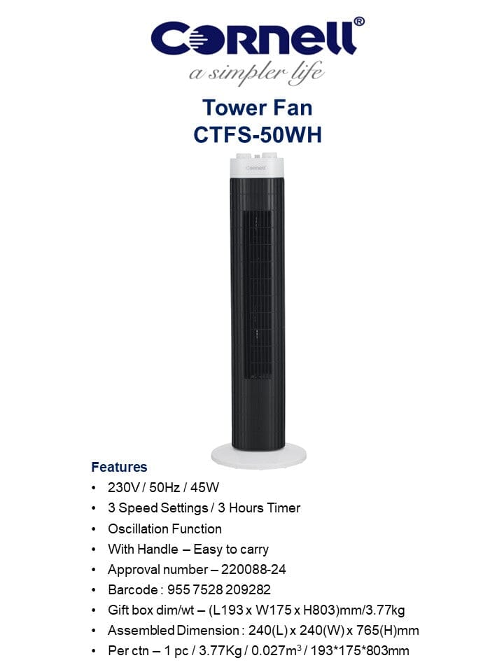 Cornell CTFS50WH 30-Inch Tower Fan with Handle - Quiet Cooling for Bedroom, Living Room & Office