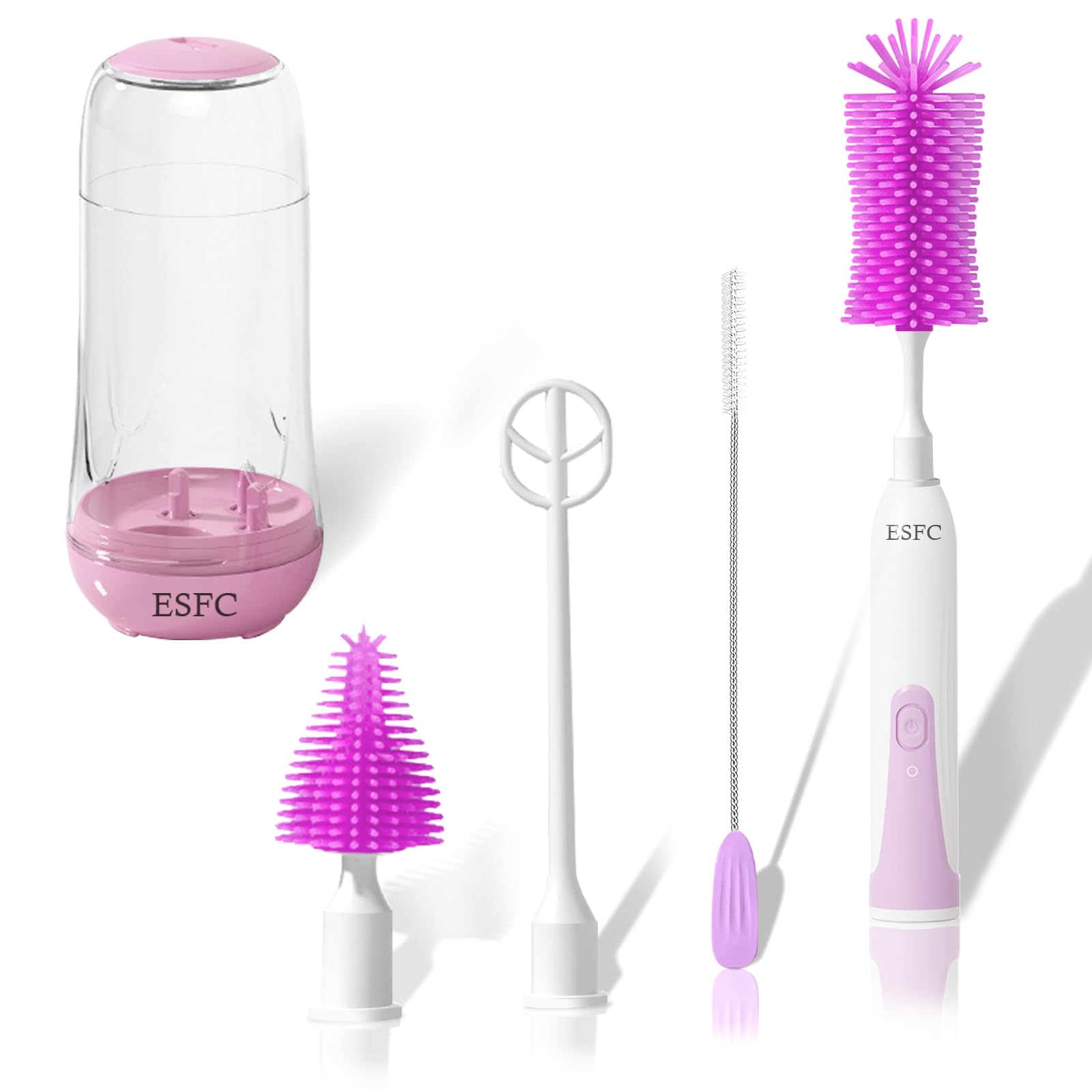 Portable Electric Baby Bottle Brush Set with Nipple & Straw Brush, Milk Frother & Drying Base - IPX7 Waterproof, Rechargeable Travel Cleaning Kit (Purple) - Perfect for Travel, Home & On-the-Go Baby Bottle Cleaning