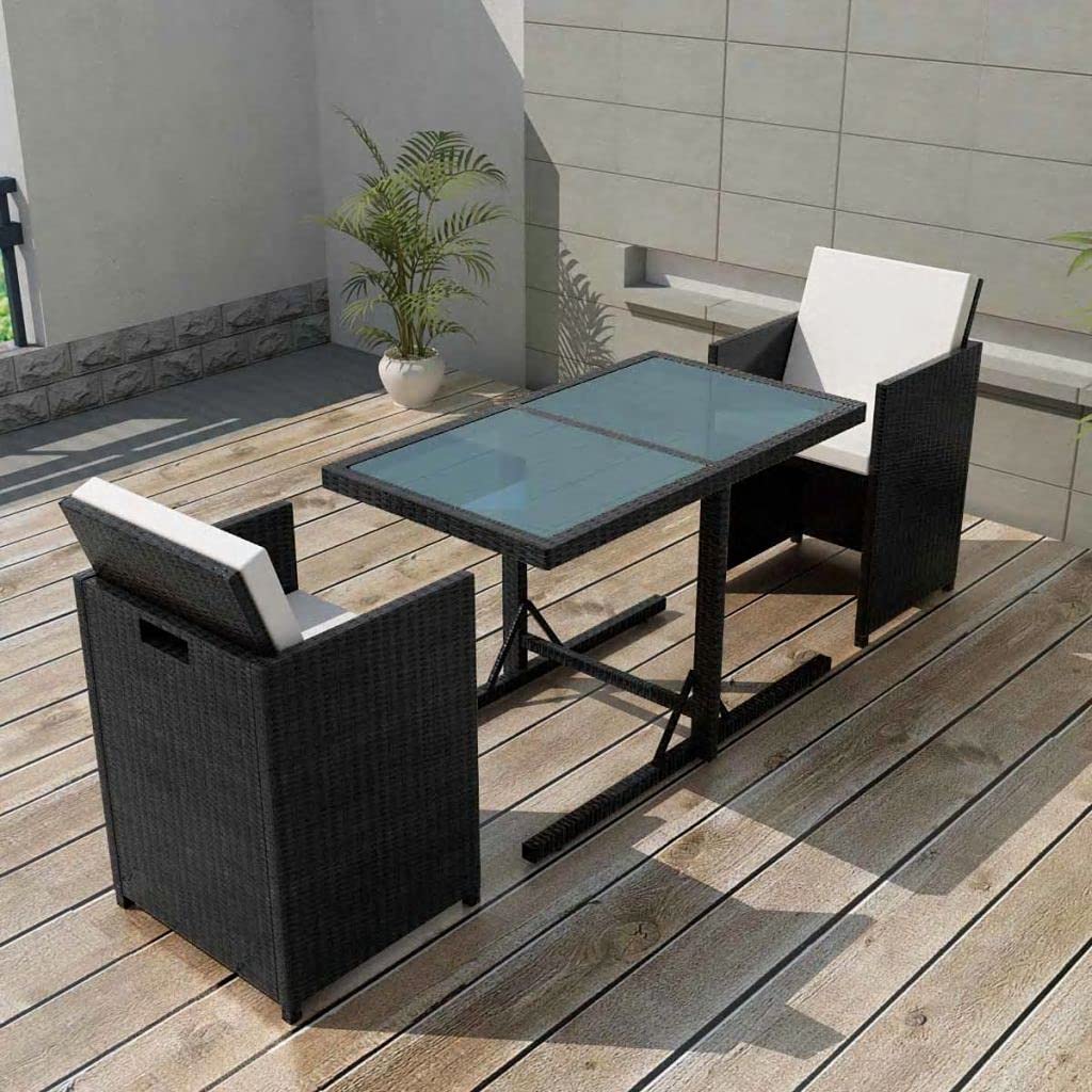3-Piece Outdoor Patio Bar Set with Cushions - Black Poly Rattan Bistro Set for Backyard, Garden or Balcony Dining