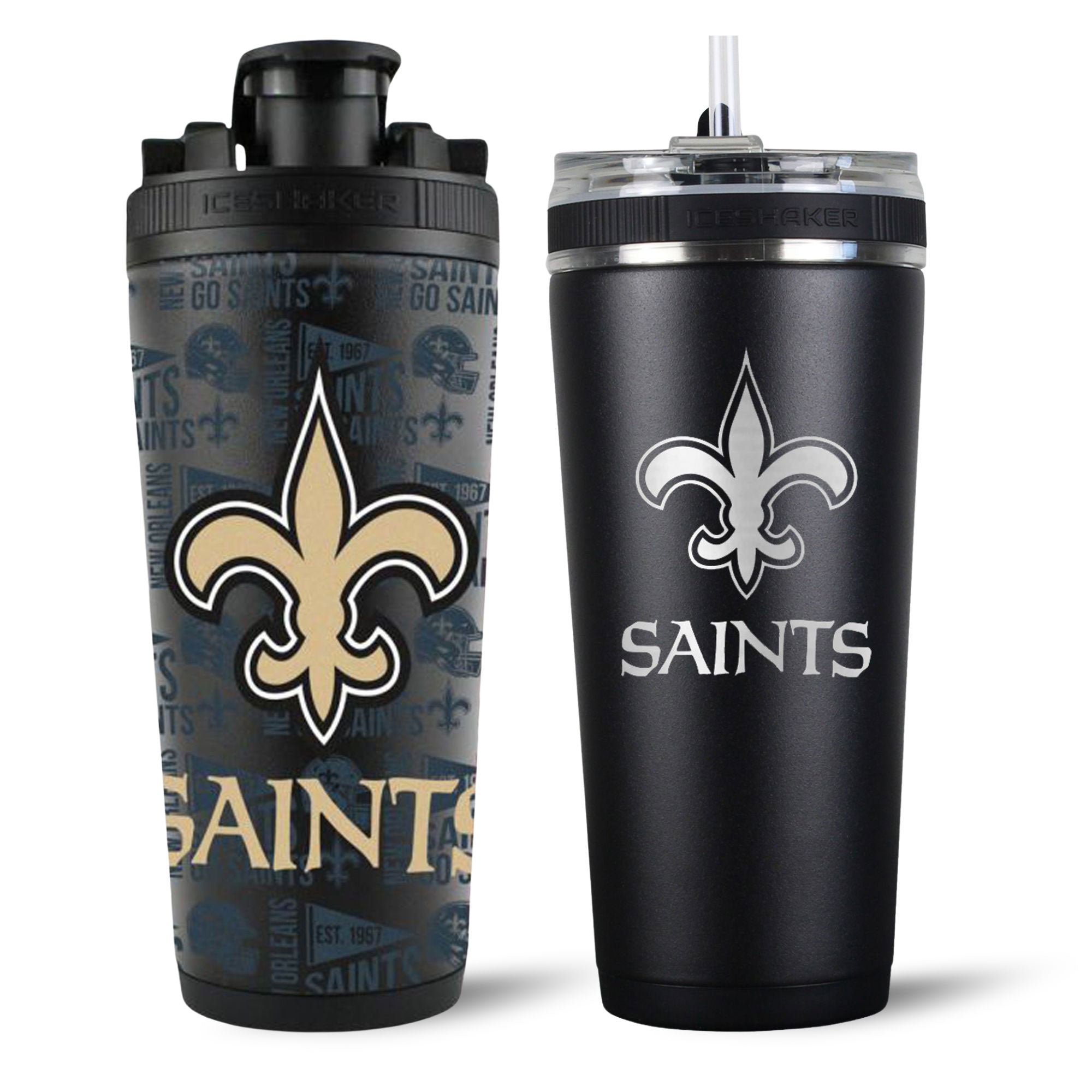 New Orleans Saints 4D Shaker & Flex Bottle Bundle - NFL Team Sports Water Bottle for Gym, Workout & Tailgating - BPA-Free Shaker Cup with Flex Lid for Protein Shakes & Hydration