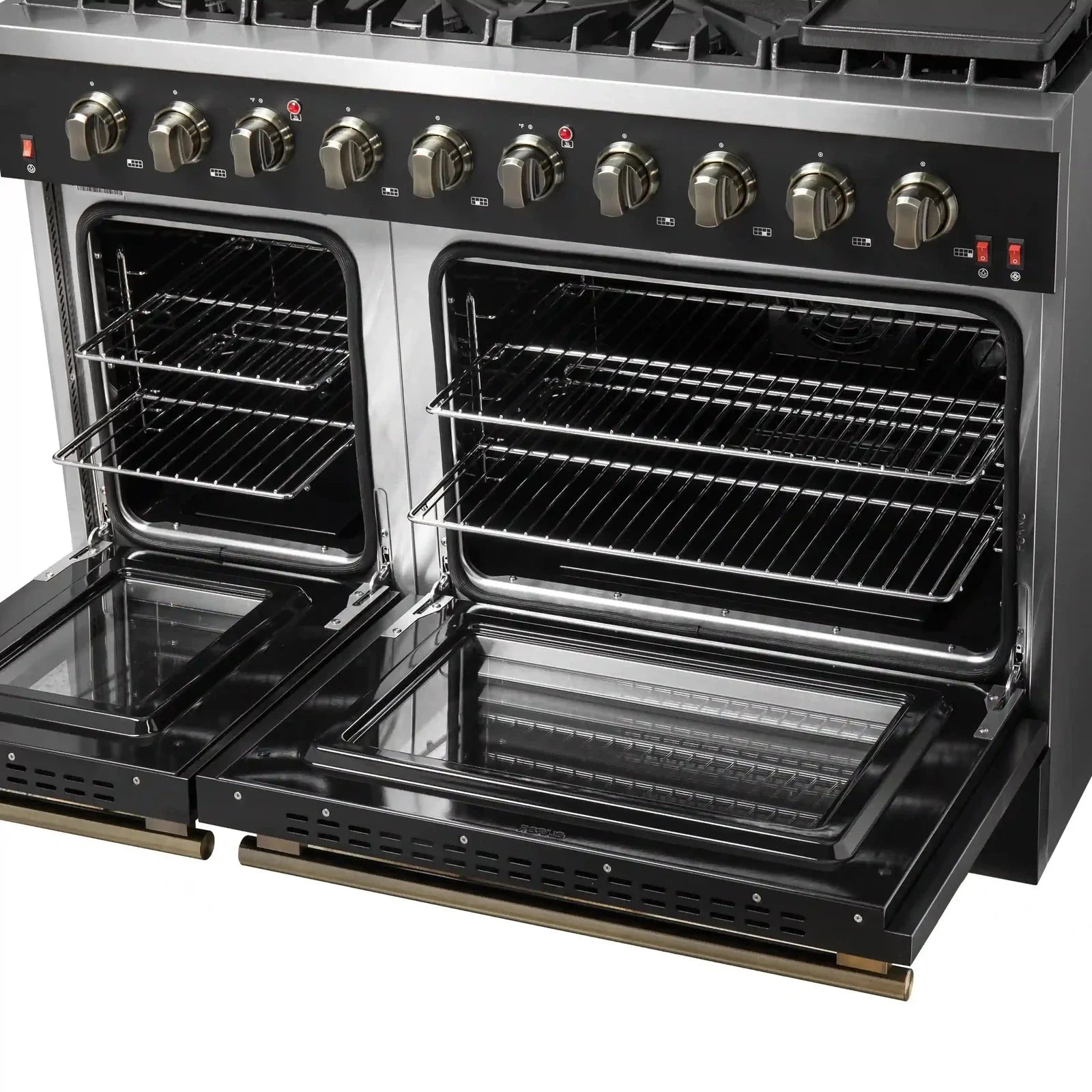 Forno Galiano 48-Inch French Door Freestanding All Gas Range - Black with Antique Brass Trim (Model FFSGS6444 48BLK) | Professional Kitchen Appliance for Home Chefs & Gourmet Cooking