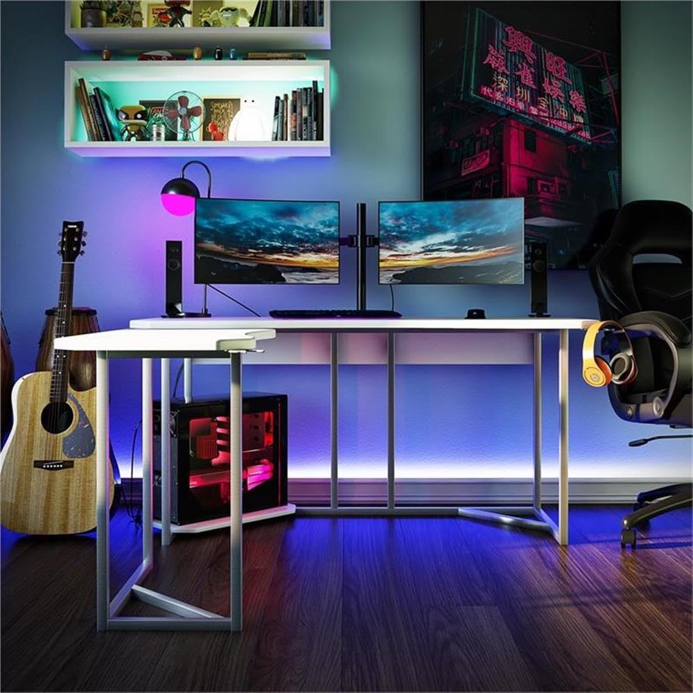 NTENSE Gaming L-Shaped Desk with CPU Stand - White Ergonomic Computer Workstation for Home Office & Gaming Setup