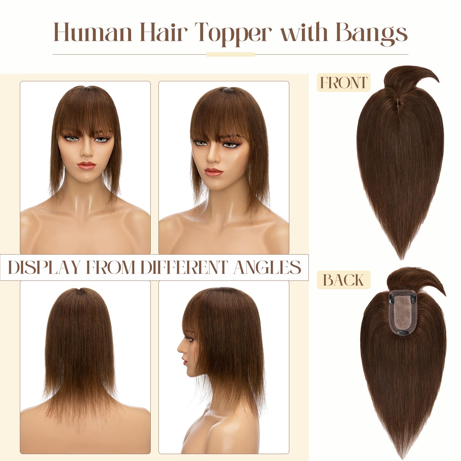 100% Human Hair Toppers for Women with Bangs - 6 Inch Brown Remy Hair Clip-In Topper for Thinning Hair | Natural Look for Daily Wear, Parties & Special Occasions