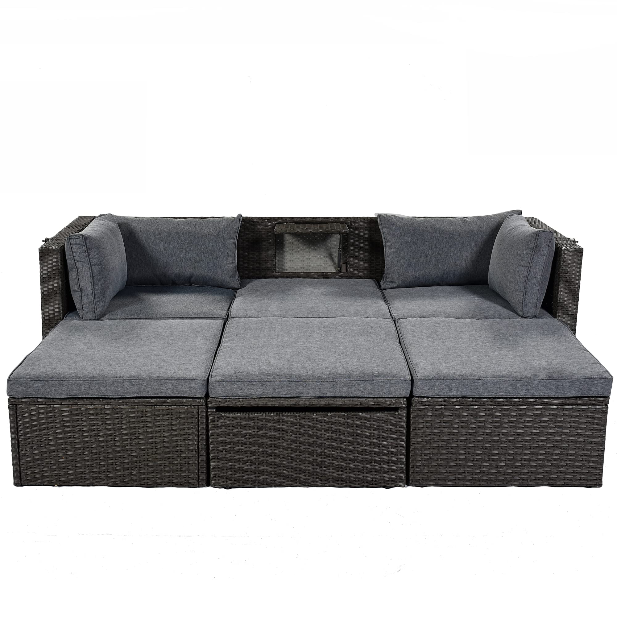 Quarte Outdoor Patio Rectangle Daybed with Retractable Canopy - All-Weather Wicker Sectional Sofa Set with Cushions & Lift Table - Perfect for Backyard, Porch, Poolside or Garden (Grey+O)