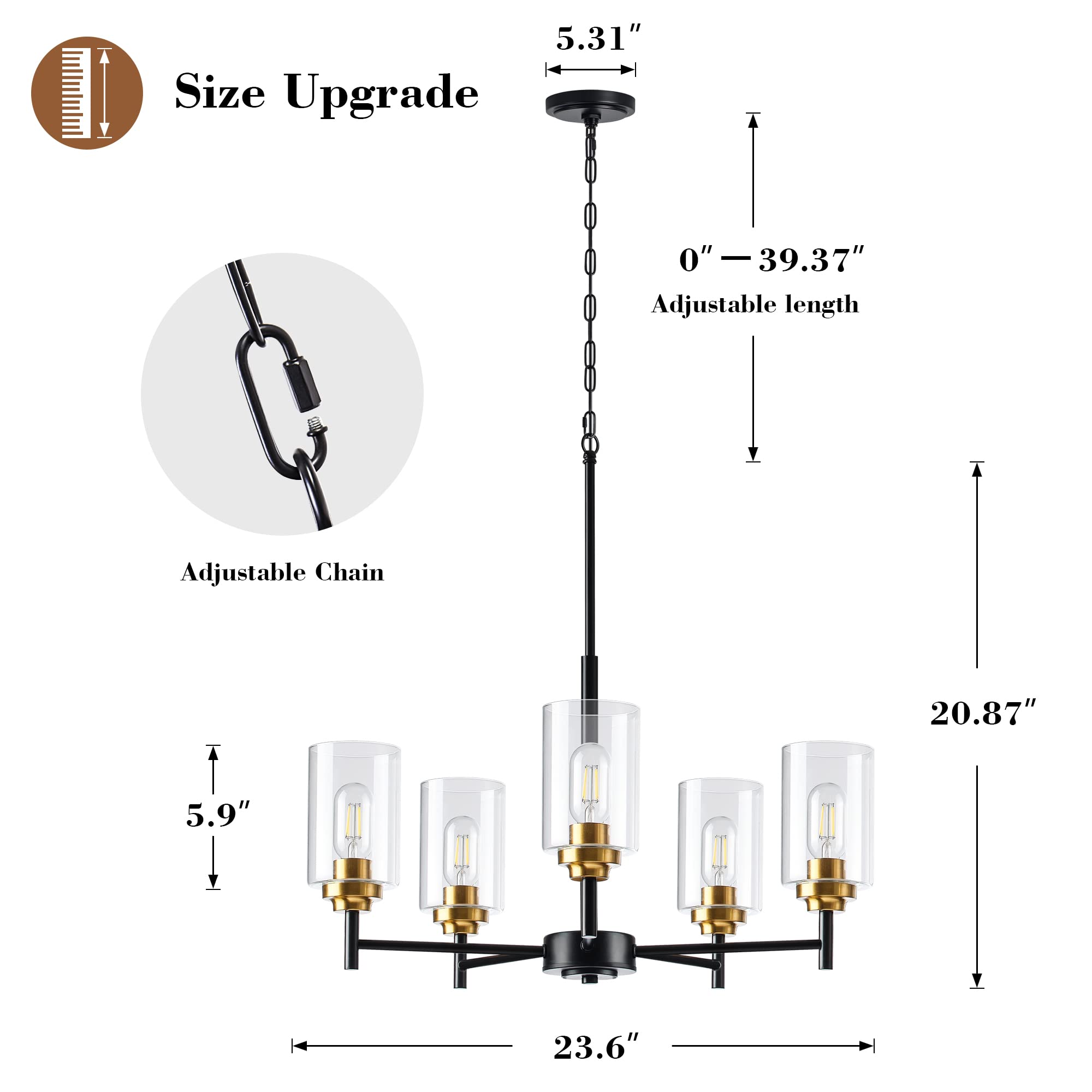 5-Light Glass Farmhouse Chandelier - Modern Black & Gold Pendant Lighting for Dining Room, Kitchen Island, Foyer, Living Room & Bedroom | Elegant Ceiling Fixture for Home Decor & Dining Ambiance