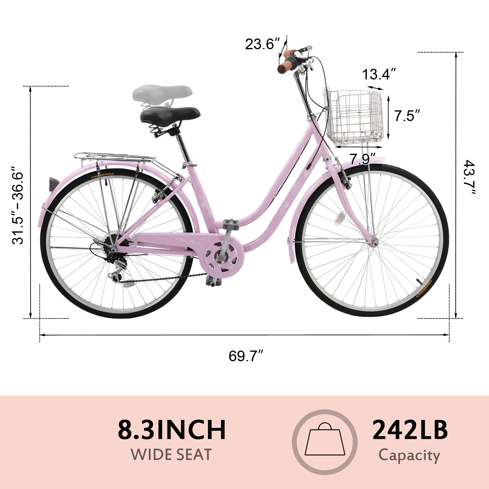 Ktaxon Women's Beach Cruiser Bike - Premium Derailleur & Shift Lever, Adjustable Seat, High-Carbon Steel Frame - Perfect for Casual Riding, Commuting & Coastal Adventures