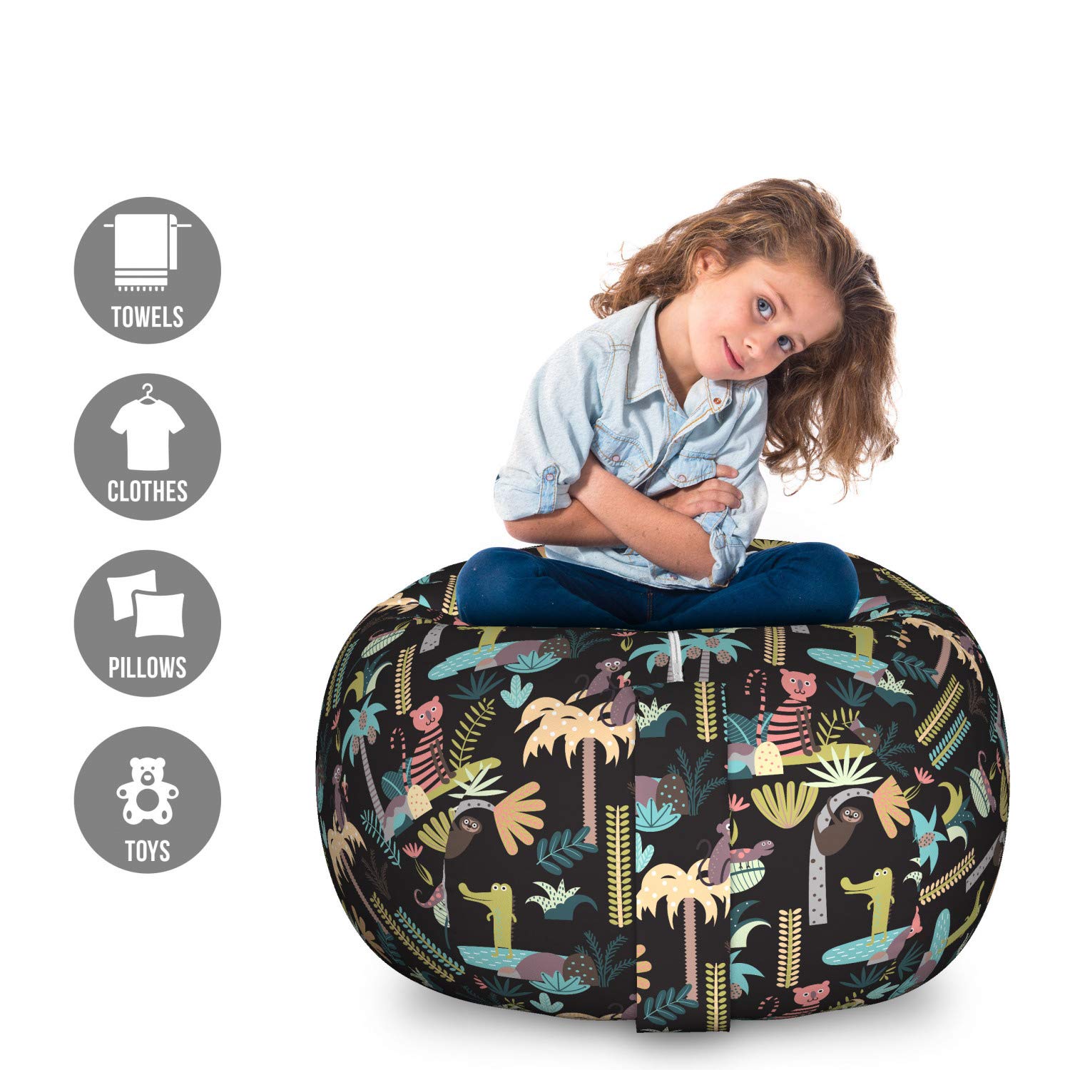 Ambesonne Jungle Themed Toy Storage Bag Chair - Large Washable Stuffed Animal Organizer with Tropical Wildlife & Vegetation Graphic | Kids' Room Decor, Playroom Storage, Nursery Organization