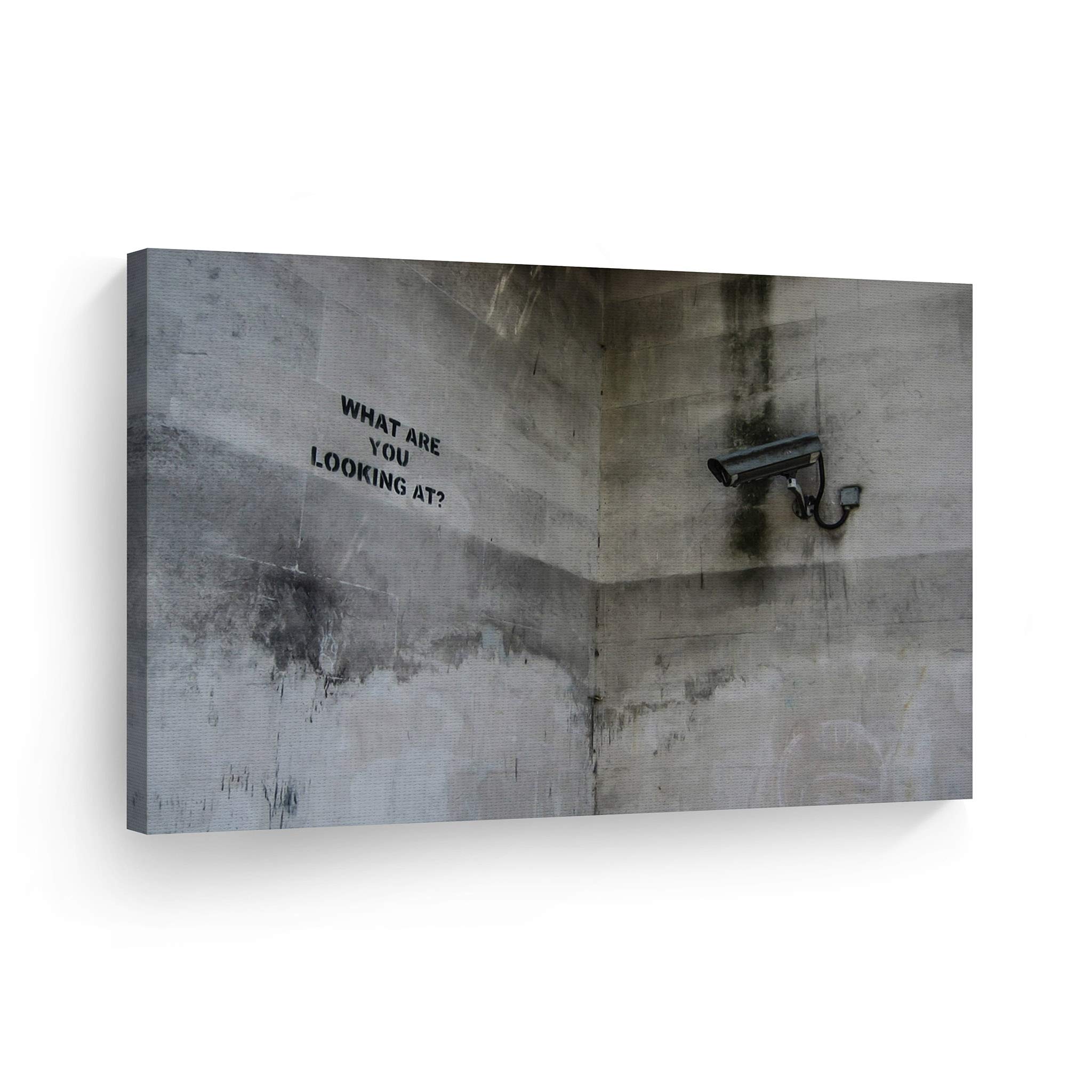 Banksy Canvas Print - 'What Are You Looking At' Graffiti Artwork | London UK Street Art Wall Decor | Modern Art for Living Room, Office & Home | Ready to Hang 24x36 | Made in USA | Perfect for Urban Art Lovers & Contemporary Interior Design