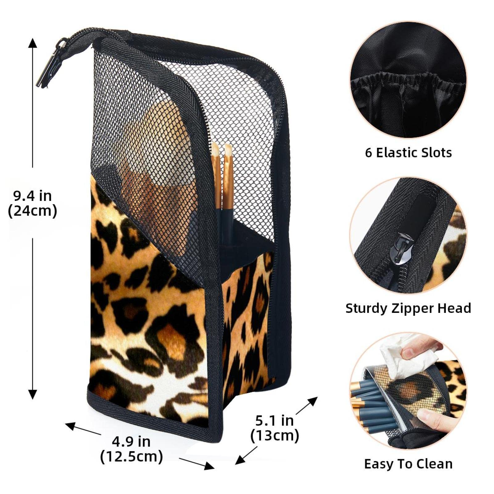 Premium 12-Piece Makeup Brush Organizer Bag with Leopard Print - Portable Cosmetic Brush Holder Case for Travel & Professional Makeup Artists
