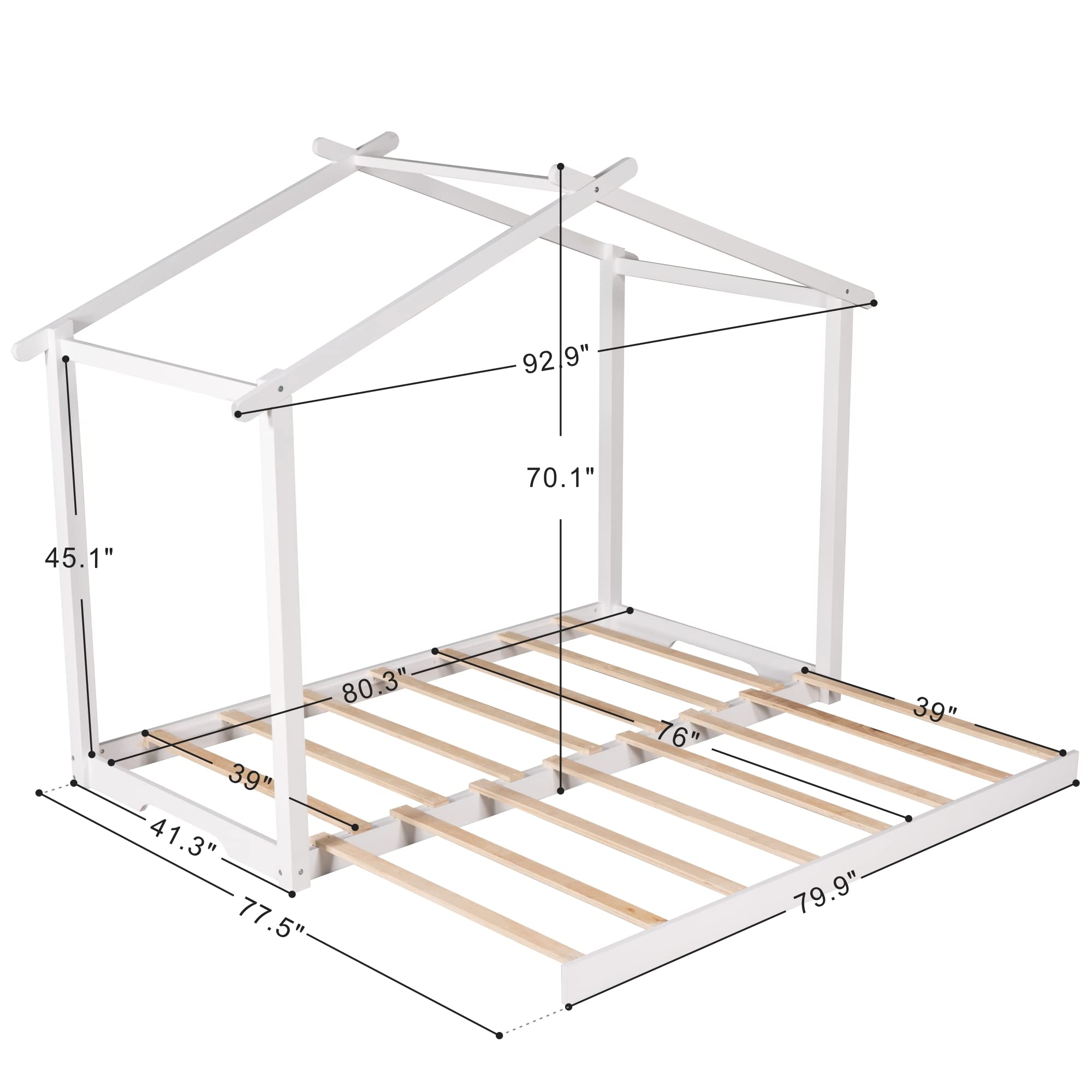 Solid Wood House Bed Frame - Twin XL/King Size Platform Bed with Trundle & Roof Design | Kids Floor Bed with Wood Slats Support | House-Shaped Daybed for Bedroom, Living Room, Playroom & Nursery | Sturdy Wooden Bed Frame for Toddlers & Teens