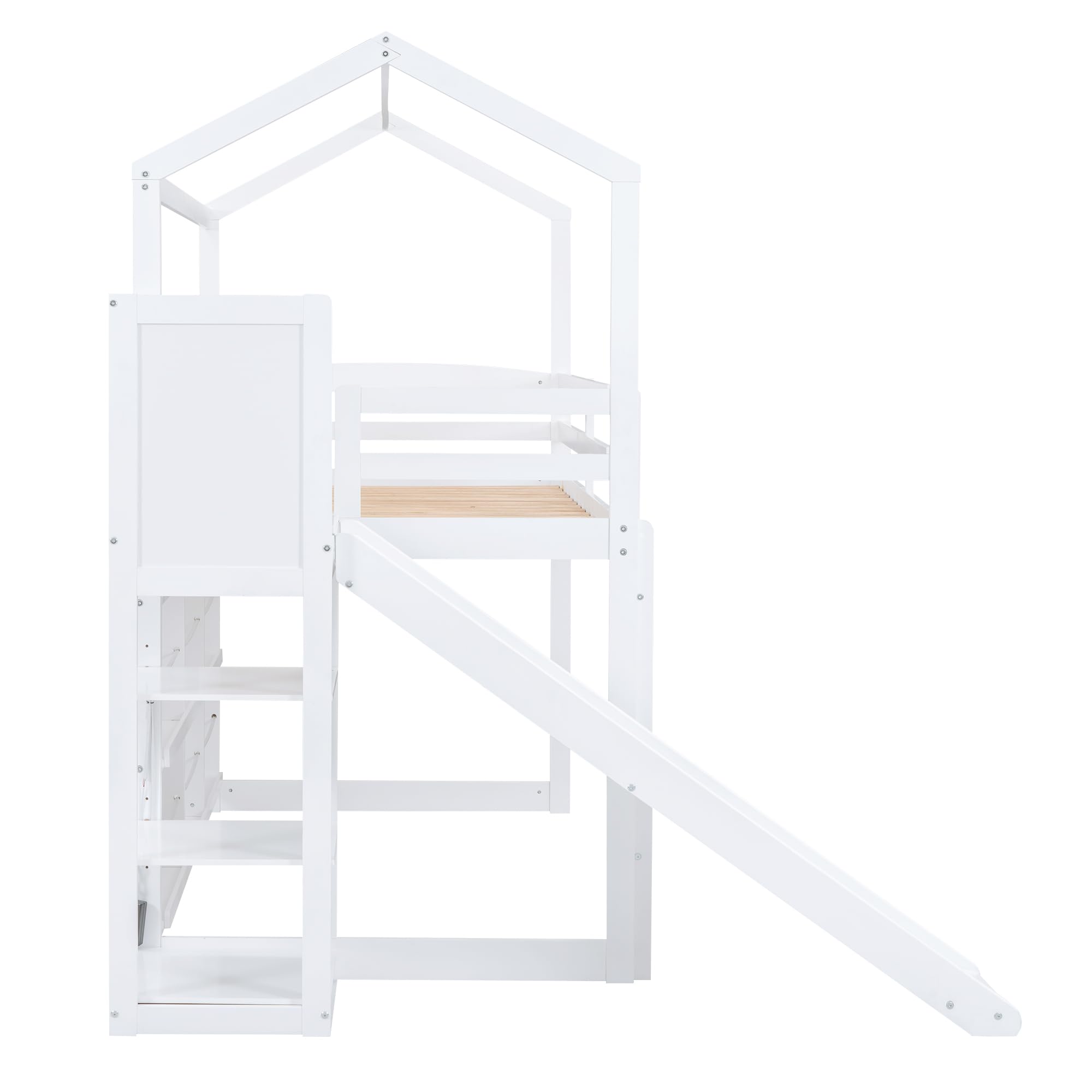 Merax Twin Size Wood Loft Bed with Slide & Storage Shelves - Kids Bunk Bed for Boys & Girls (White) - Space-Saving Bedroom Furniture for Small Rooms & Play Areas