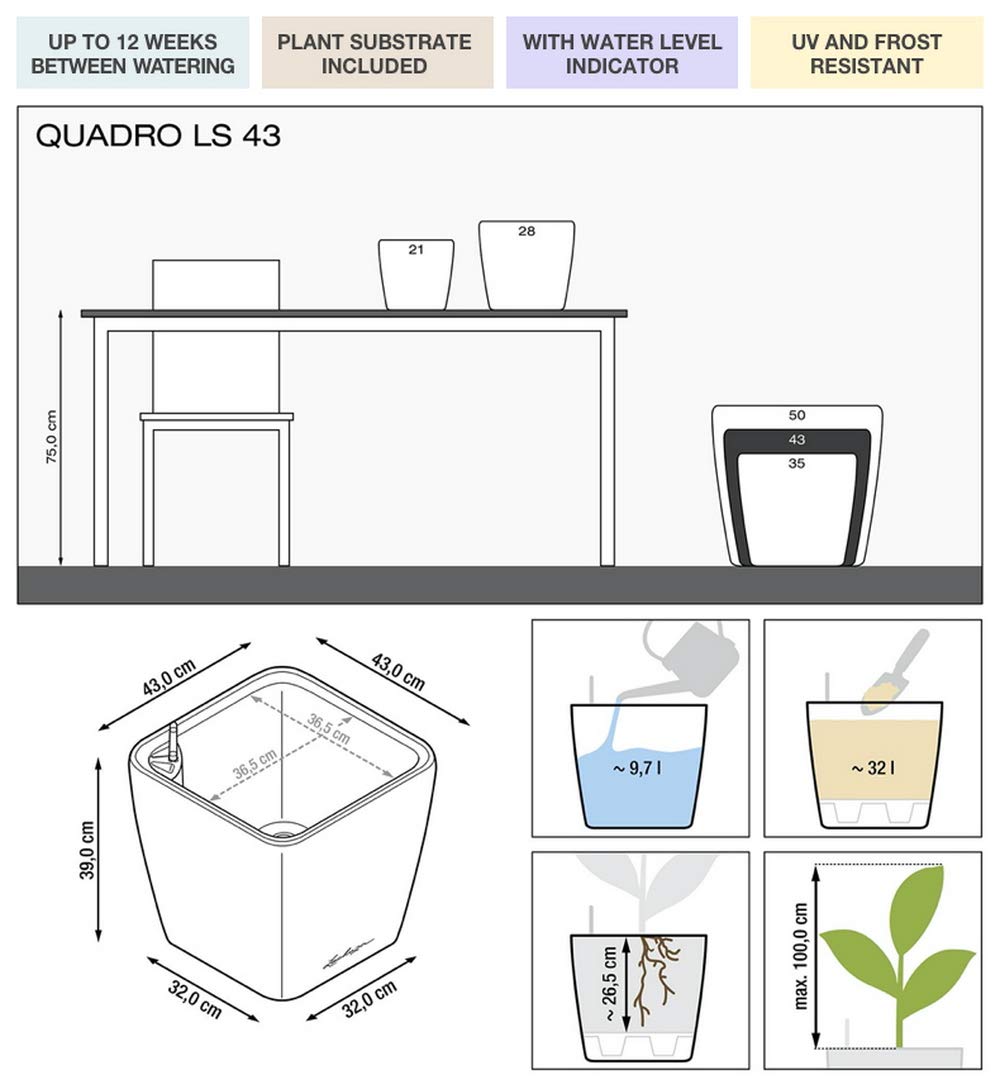 Lechuza Quadro Premium LS 43 Self-Watering Planter - 16.5