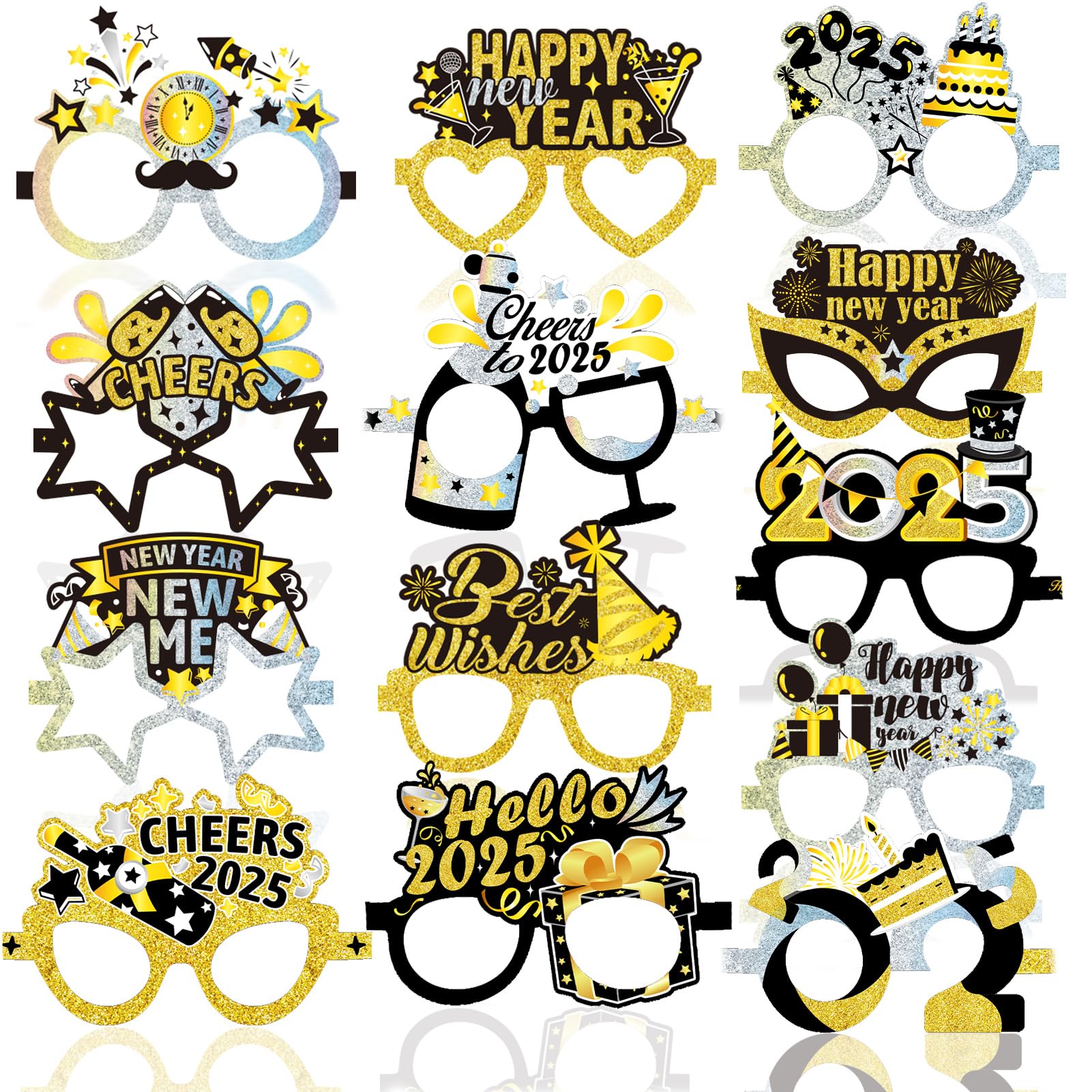 26Pcs Happy New Year 2025 Party Glasses - Black Gold Silver Funny Photo Booth Props & Eve Decoration Supplies for New Year's Eve Parties, Countdown Events & Celebrations
