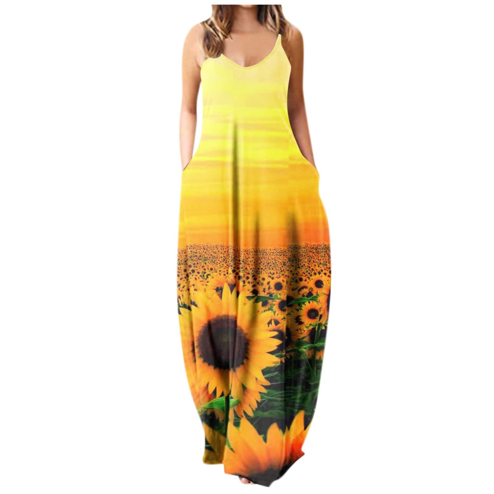 NDVYXX Women's Casual Sleeveless Sunflower Print Loose Maxi Dress with Spaghetti Straps & Pockets - Summer Beach Dress, Boho Loungewear, Vacation Outfit
