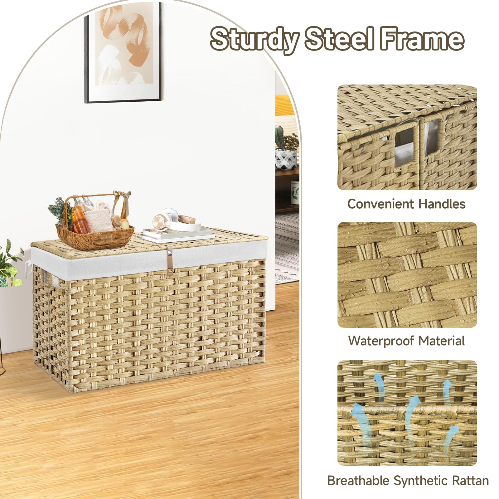 180L Wicker Storage Basket with Lid - Handwoven Rattan Laundry Hamper & Blanket Organizer (47.6 Gallon) - Removable Liner & Sturdy Handle - Perfect for Bedroom, Living Room & Nursery Storage - Goose Yellow