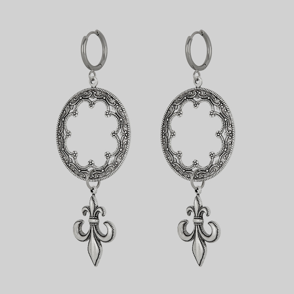VOW. Gothic Fleur de Lis Hoop Earrings in Silver - Elegant Medieval Jewelry for Women, Perfect for Renaissance Fairs, Gothic Fashion & Special Occasions