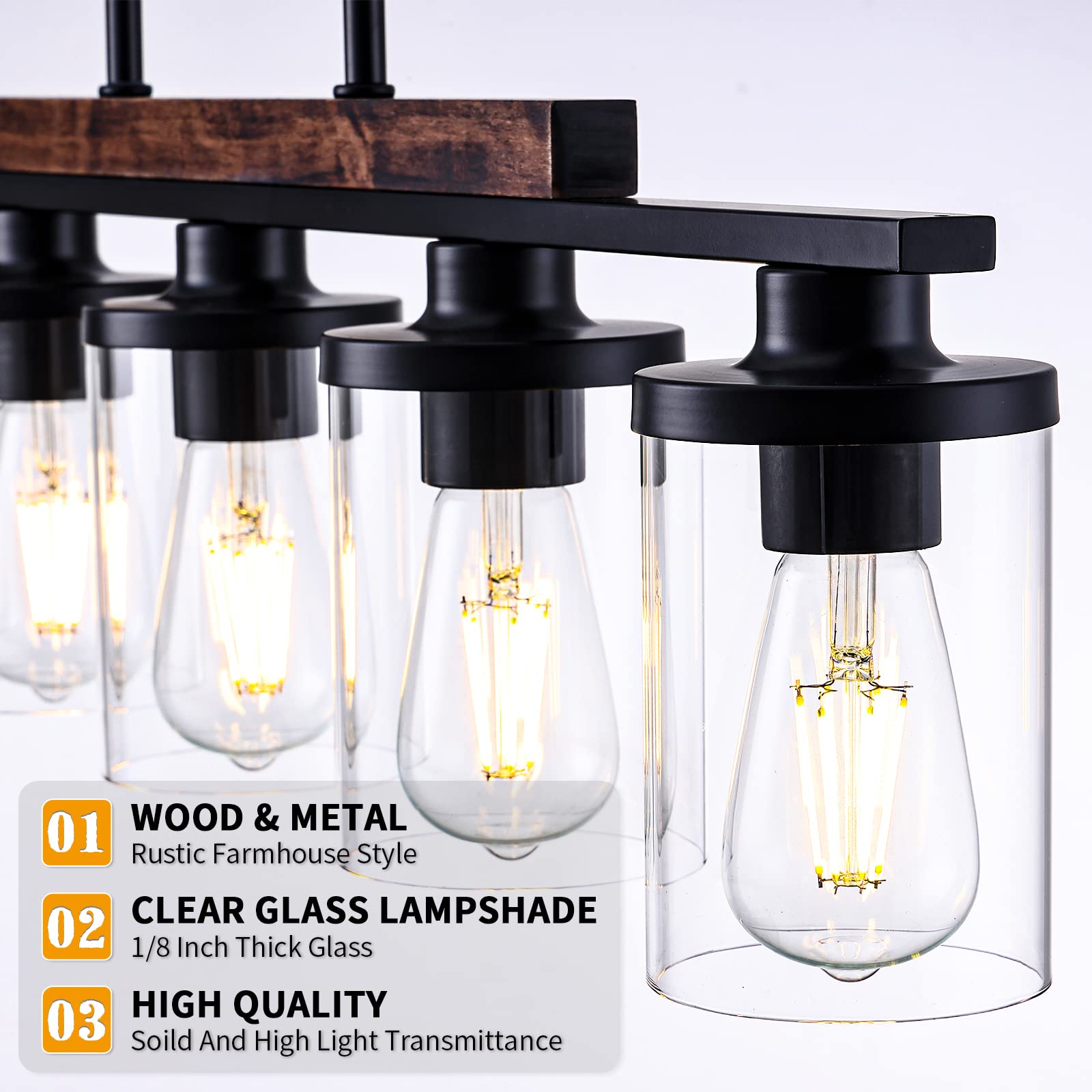 Farmhouse Kitchen Island Light Fixture - 5-Light Matte Black Rustic Wood Ceiling Pendant Chandelier with Clear Glass Shade for Dining Room, Kitchen, Breakfast Nook & Bar Counter Lighting