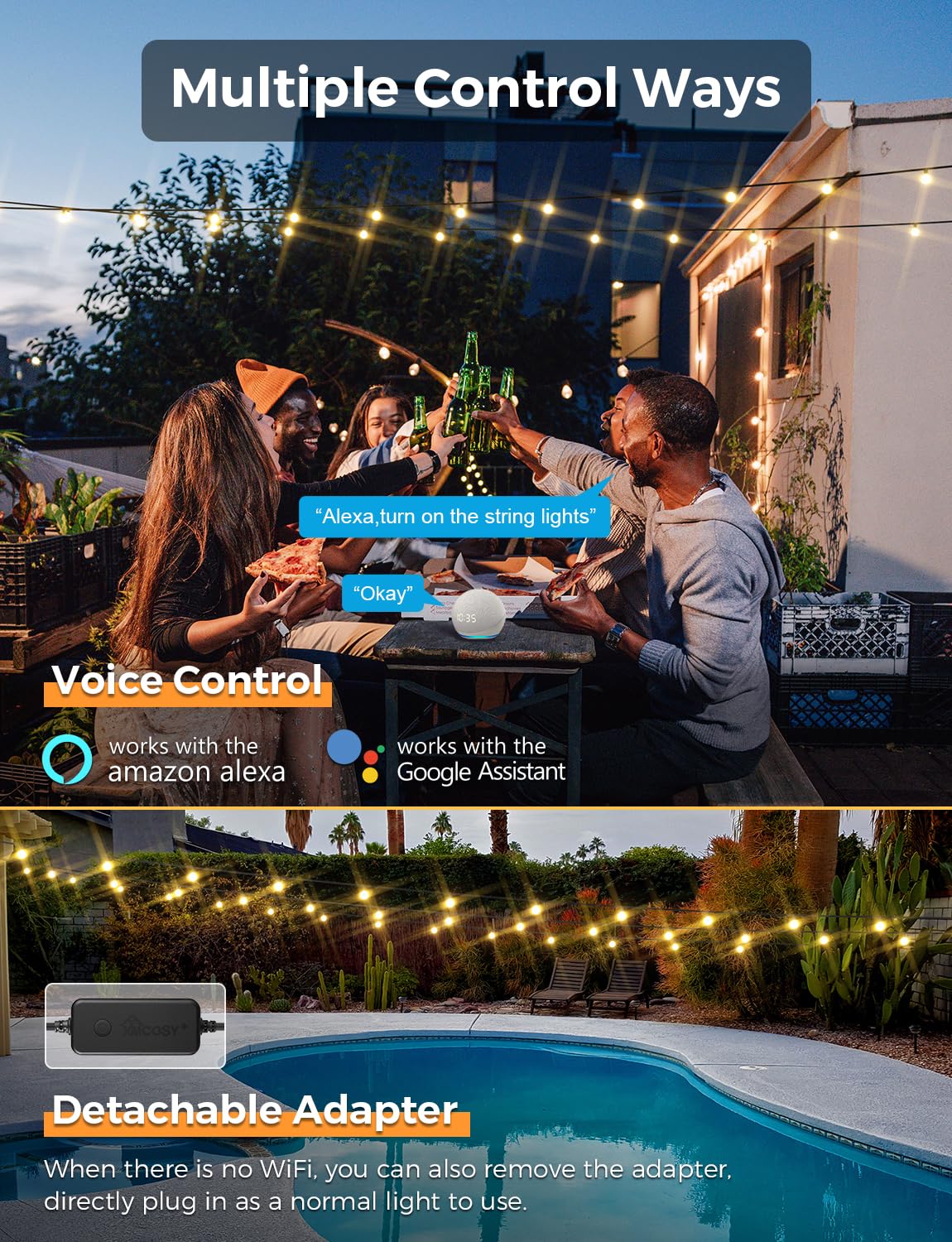 XMCOSY+ Smart Outdoor String Lights - 75Ft G40 Globe Patio Lights with 34 Dimmable LED Bulbs, WiFi & APP Control, Alexa Compatible, Extendable Waterproof LED Lights for Outside, Porch, Backyard - Perfect for Garden Parties, Wedding Decorations, and Outdoor Dining