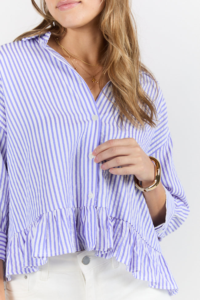 Stylish Blue Ruffle Hem Textured Stripe Button Down Blouse for Women - Perfect for Office Wear, Casual Outings & Date Nights