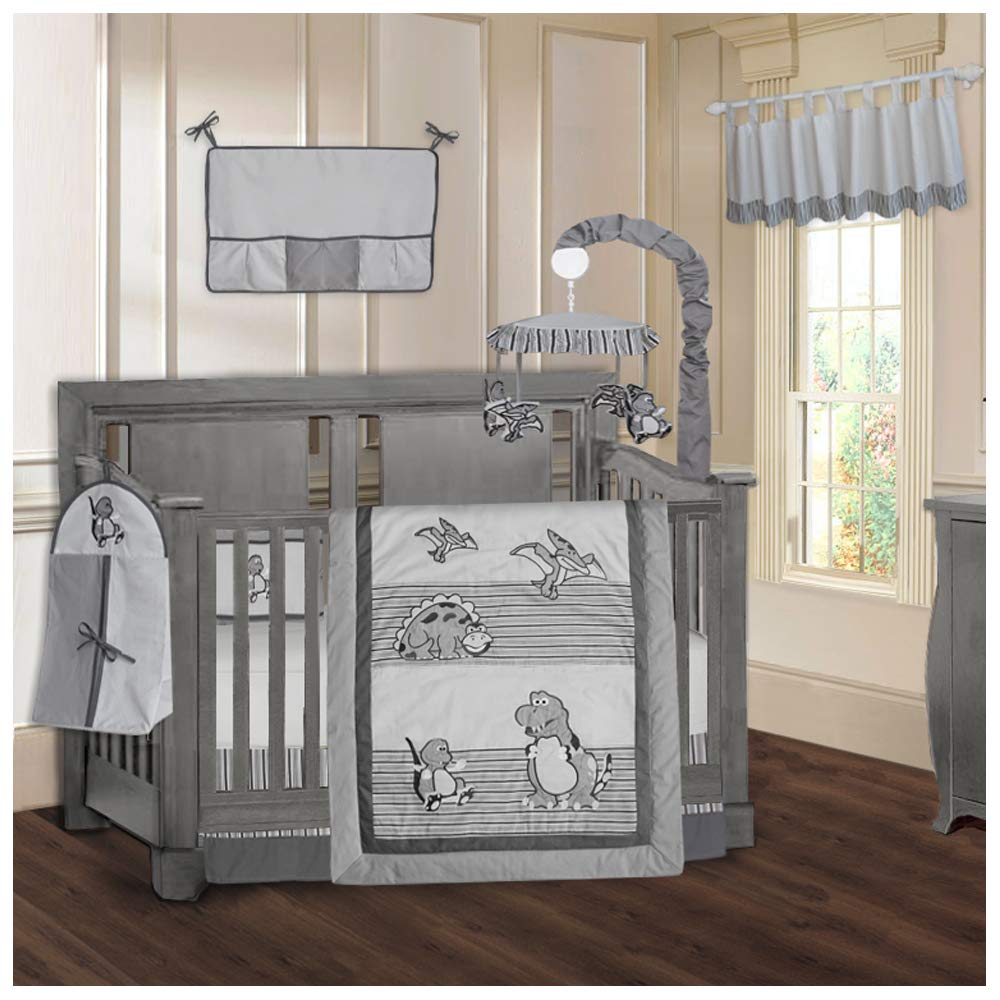 BabyFad Dinosaur Grey 9-Piece Crib Bedding Set for Boys & Girls - Soft Nursery Bedding with Fitted Sheet, Blanket & Pillowcase - Perfect for Baby Showers & Nursery Decor