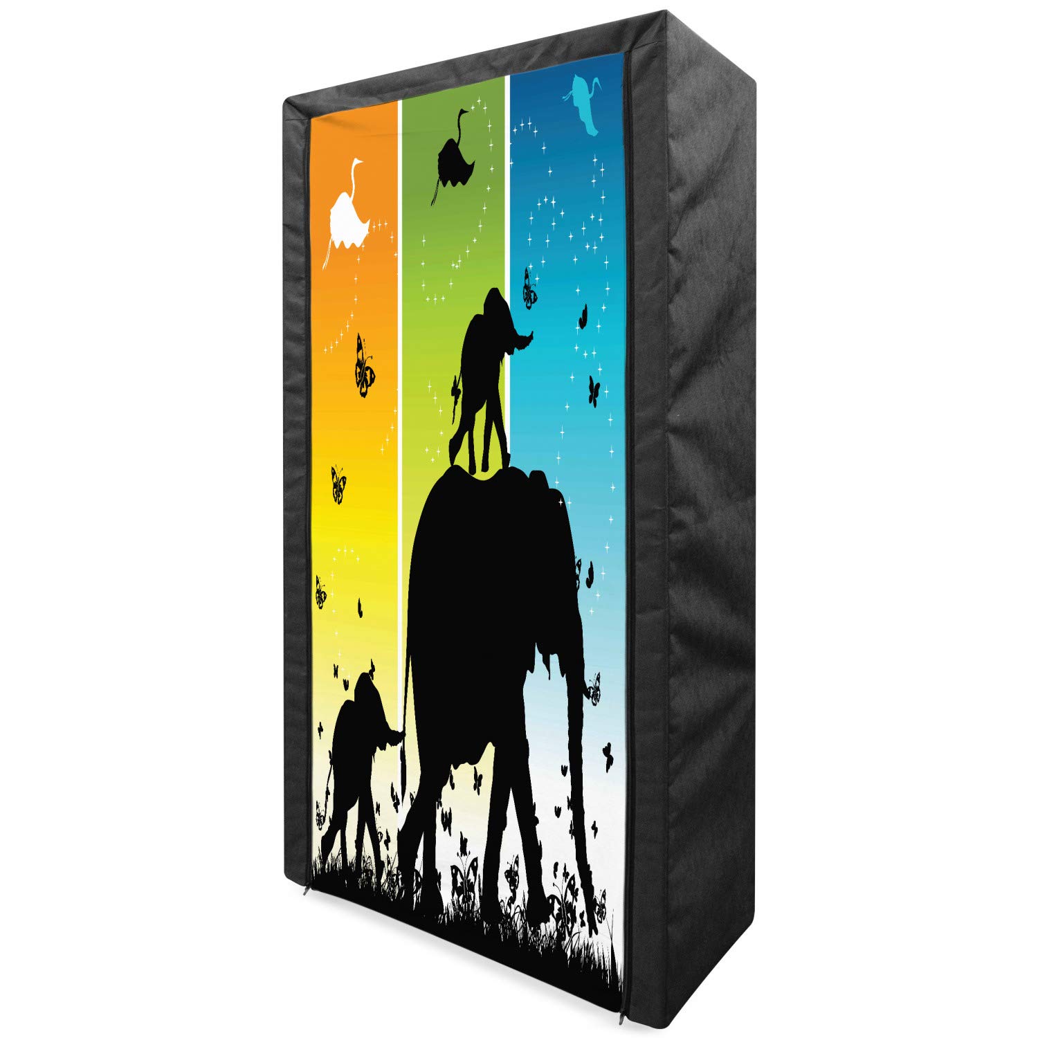 Ambesonne Zoo Portable Fabric Wardrobe - Colorful Nature Print with Butterflies, Birds & Savannah Design - 33.5