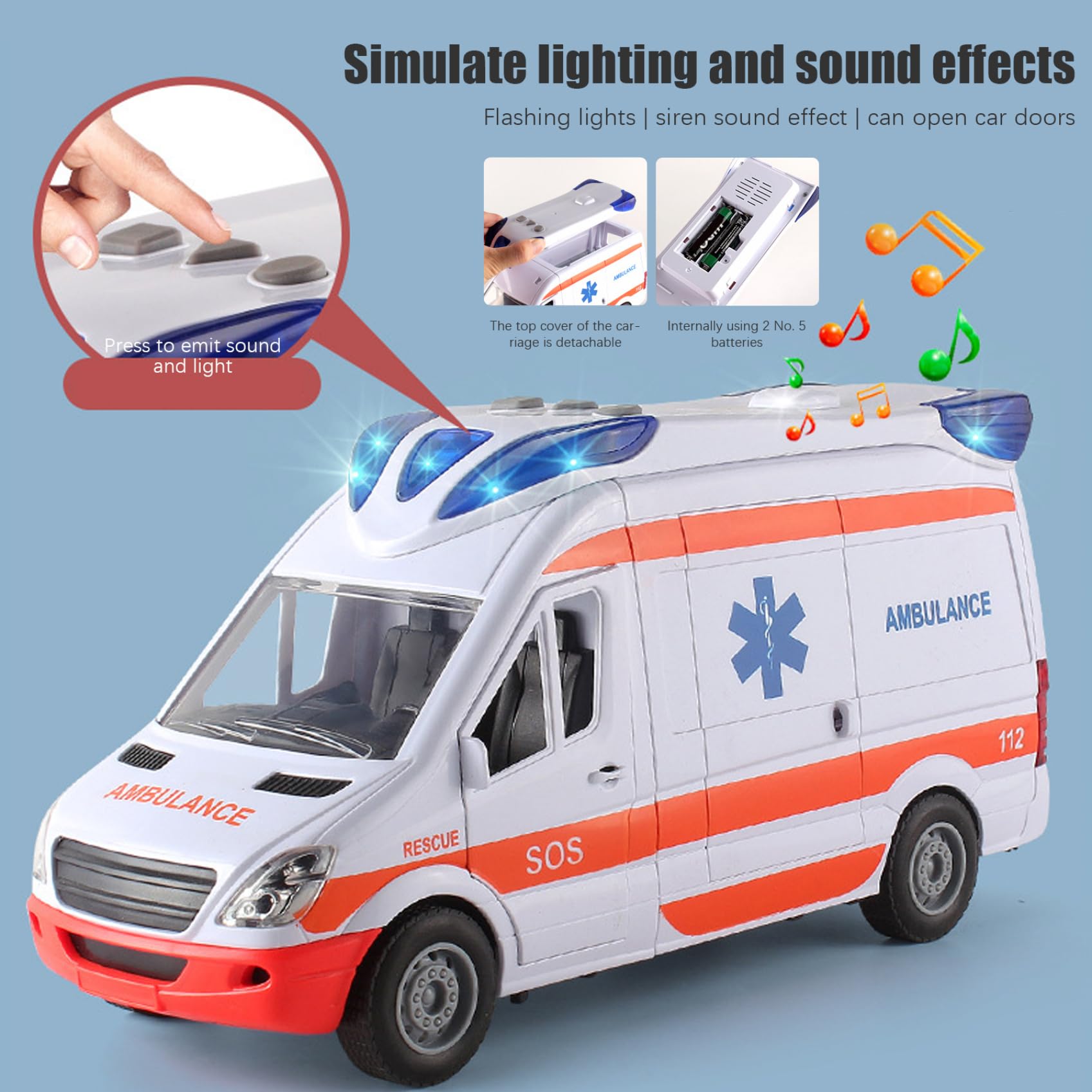 Hyperu Realistic Ambulance Toy with Lights & Sounds - Battery Operated Simulation Vehicle with 5 Opening Doors - STEM Learning Toy for Kids Ages 3+ | Perfect for Role Play, Birthday Gifts & Emergency Rescue Pretend Play