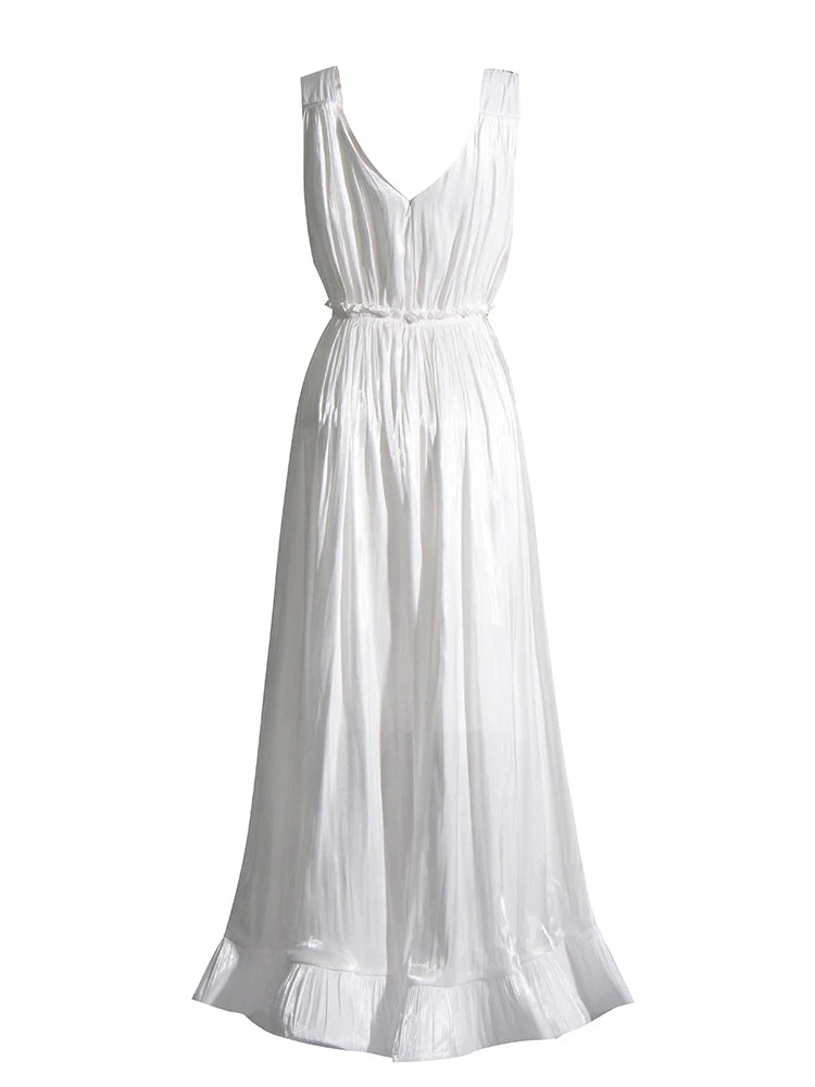 Women's Backless Sleeveless Deep V-Neck High Waist Ruffled Hem Draped Dress - Solid Color Summer Dress 2023 | Perfect for Beach Parties, Date Nights & Cocktail Events